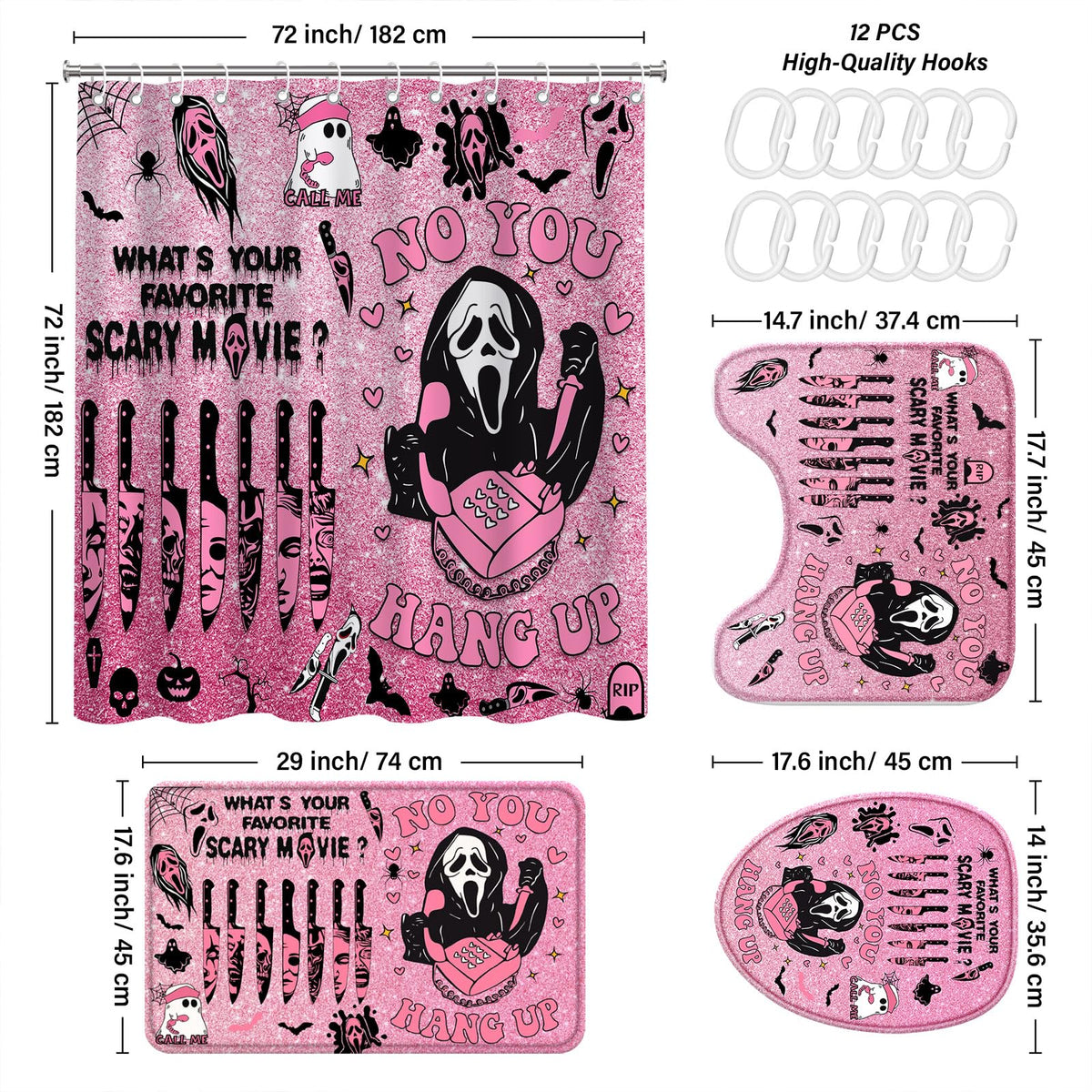 4 Pcs Pink Horror Shower Curtain Set with Rugs,Halloween Bathroom Decor