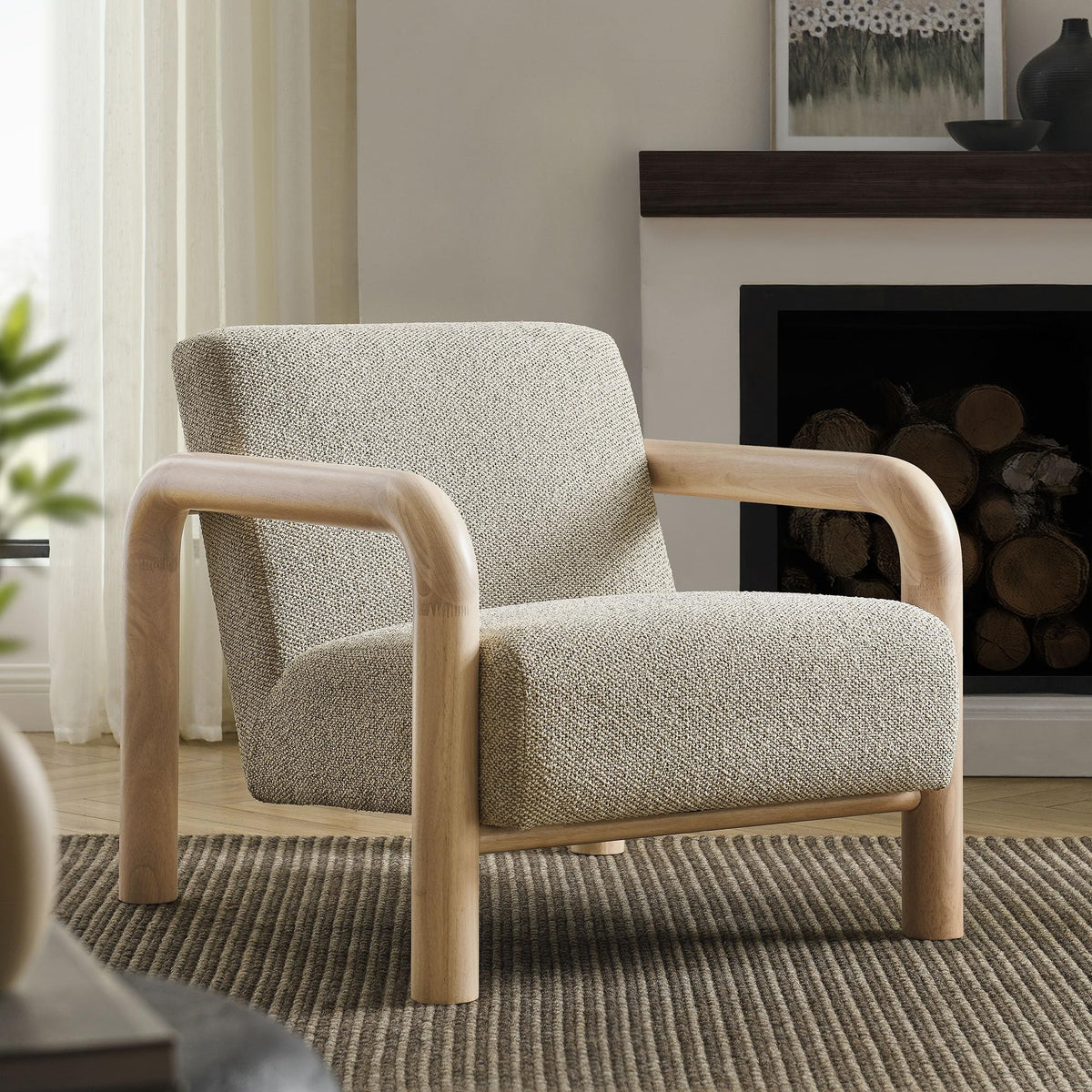Modway Sereno Modern Boucle Fabric Accent Chair in Marble Oak with Rounded Wood Armrests – Upholstered Lounge Chair for Living Room or Bedroom