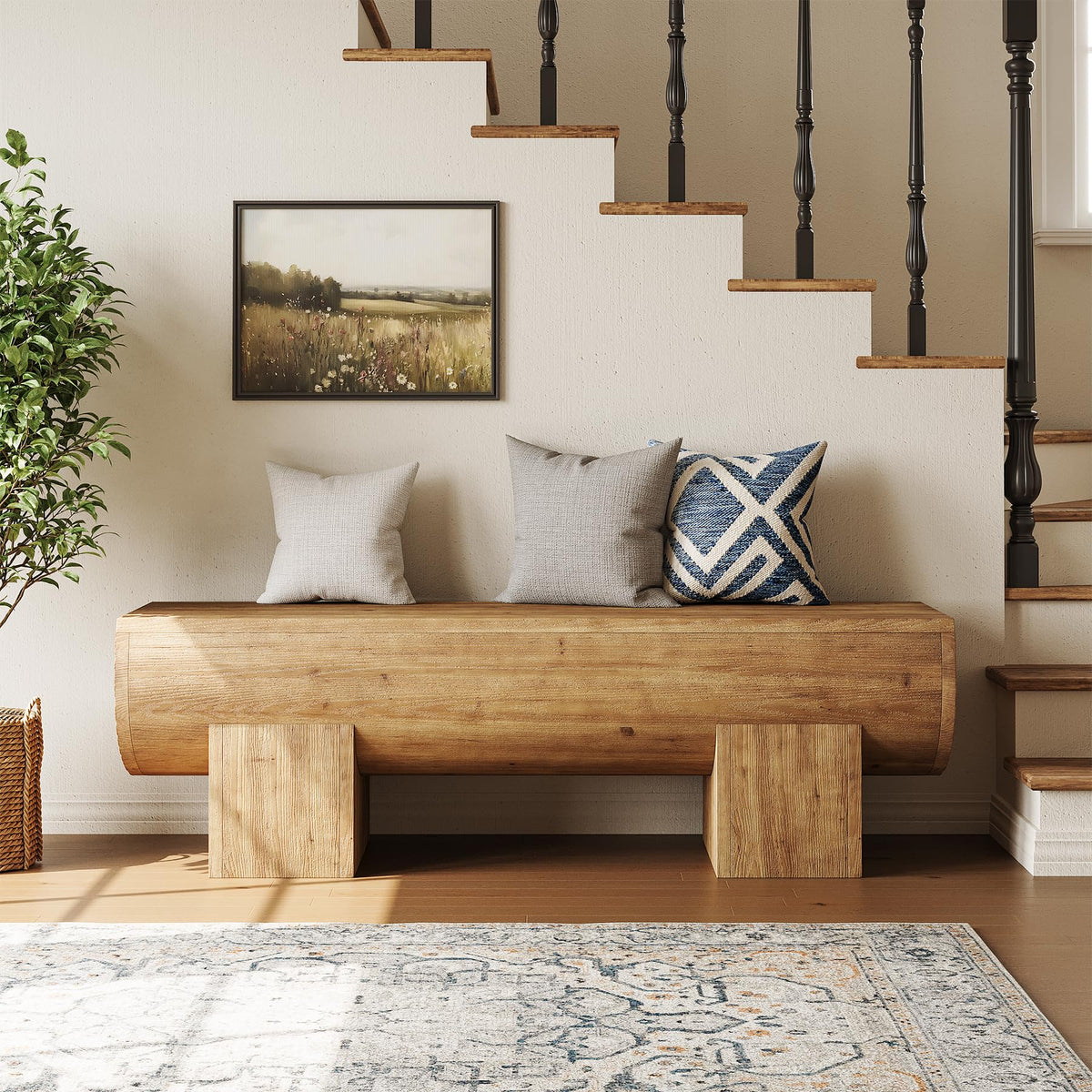 TRIBEWOOD 47 Inch Wooden Entryway Bench, Solid Wood End of Bed Bench Seat, Farmhouse Indoor Bench for Bedroom, Hallway, Living Room, Brown