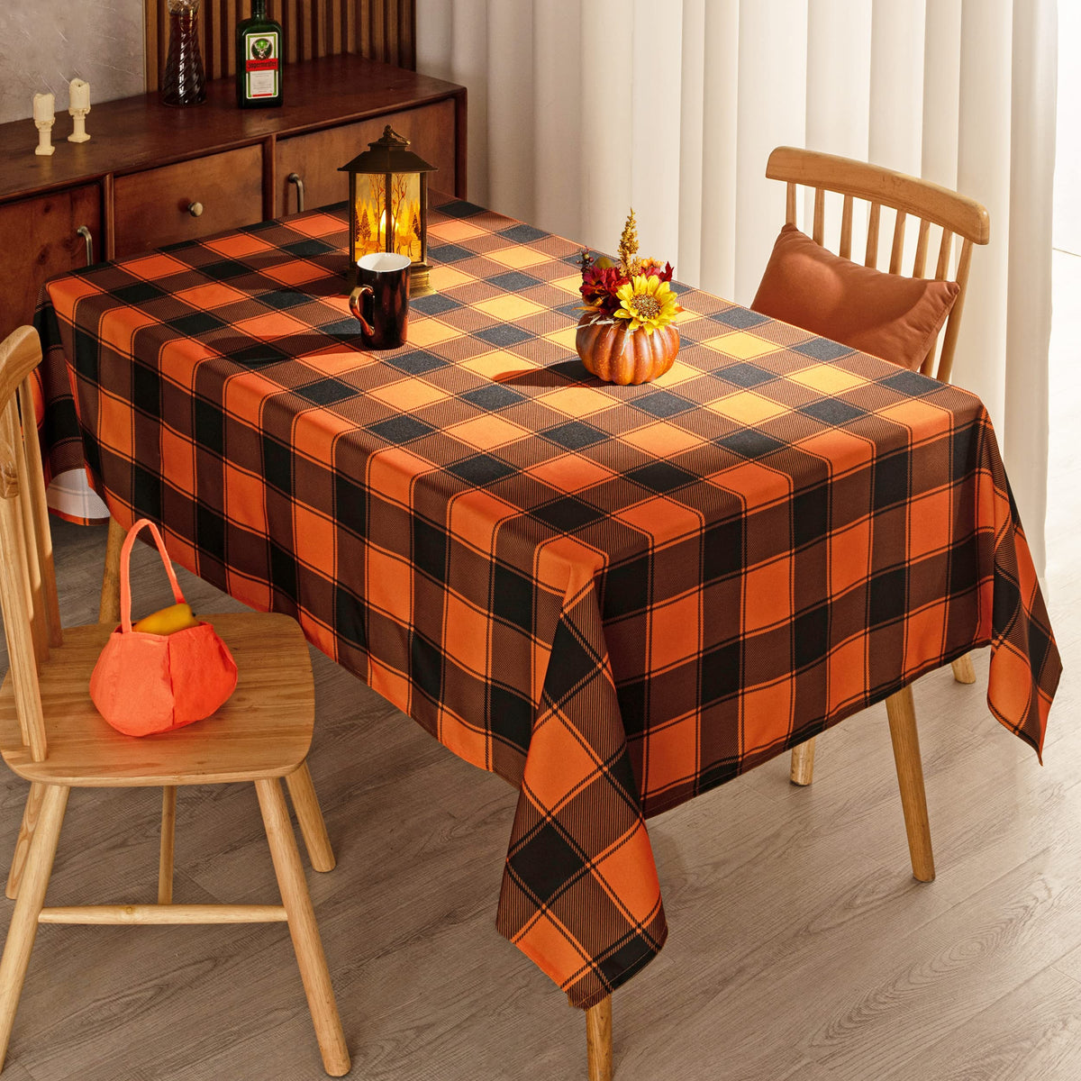 MikiUp Checkered Rectangle Halloween Tablecloth - Waterproof, Wrinkle Resistant and Washable Gingham Table Cloth Decorative Table Cover for Party, Orange/Black 60 x 84 Inch