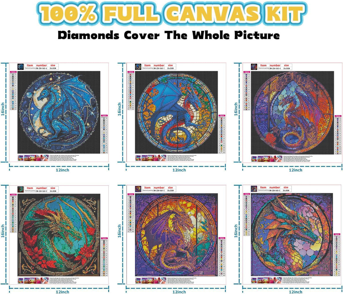 RYMILIE Diamond Painting Kits for Adults - 6 Pack Dragon DIY 5D Diamond Art Kits Full Drill Diamond Dots Paintings with Diamonds Gem Art and Crafts Home Decor 12x12inch