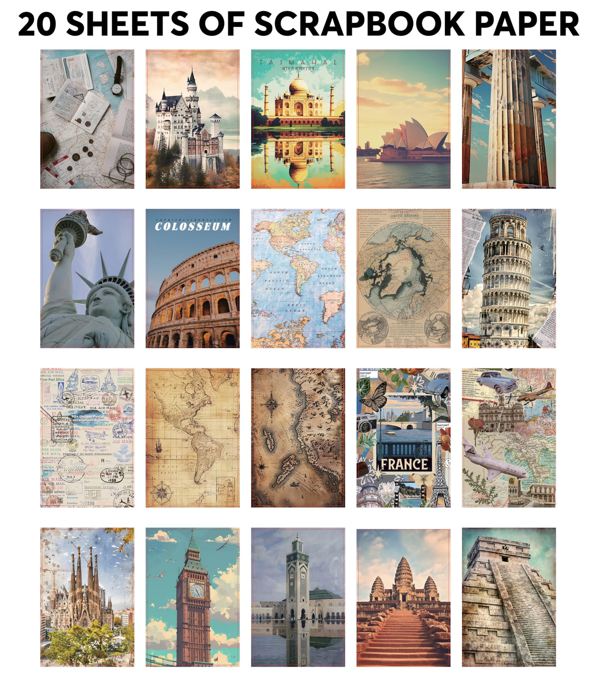 Fayware 300+ Travel Stickers for Scrapbooking & 20 A5 Papers - Pre-Cut Washi Stickers for Journaling, Vintage Travel Scrapbooking Supplies, Junk Journals Stickers