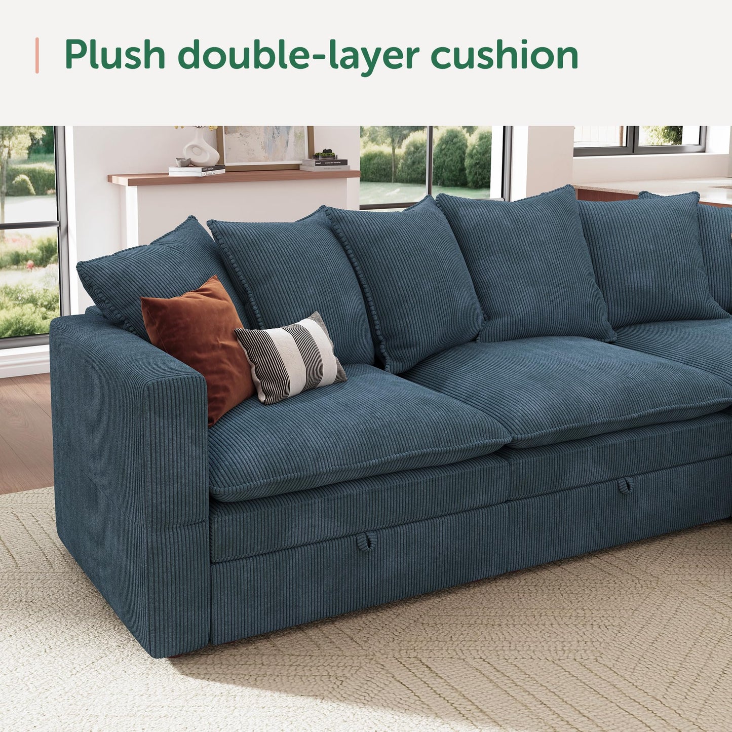 HONBAY Modular Sectional Sleeper Sofa, Corduroy 6 Seater Couch with Storage, Sectional Sleeper Couches for Living Room, Blue