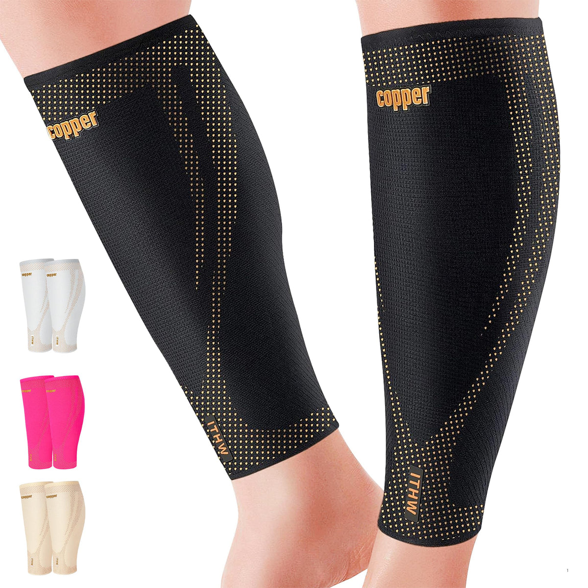 Copper Calf Compression Sleeves for Men & Women - Premium High Stretch Graduated Compression with Anti-Slip Grip | Breathable & Smooth Lining Footless Design for Runners, Shin Splints, Leg Fatigue & Travel (1 Pair)