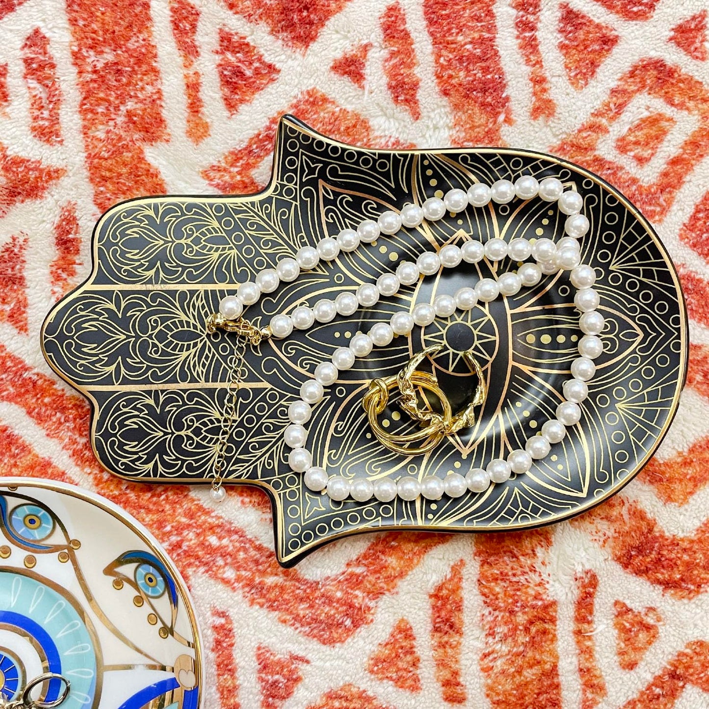 Exquisite Small Ceramic Jewelry Tray - Trinket Dish Evil Eye Decor, Gold Plate Ring Holder, Modern Boho Home Essentials, Perfume Organizer, Witchy, Aesthetic Room Decor (Black Hamsa)