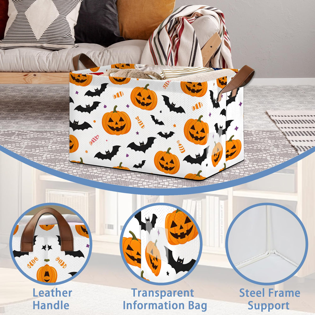 Masarua Halloween Pumpkin Bat Storage Baskets,Candy Foldable Organizer Bin with Handles for Home Living Room Bedroom Closet Box 17x11.5x10Inch