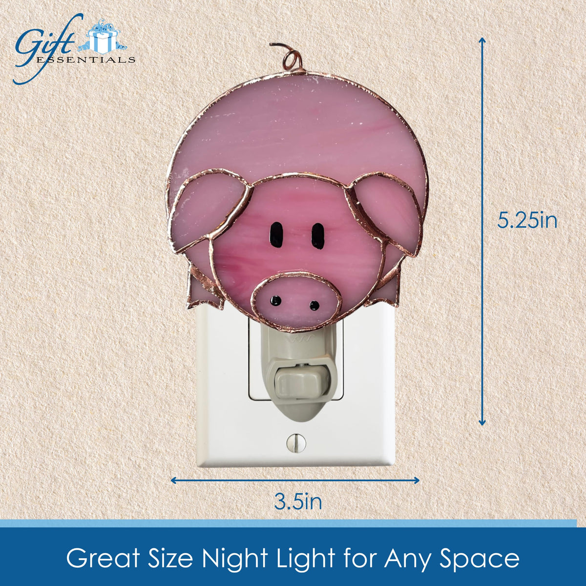 Gift Essentials Pink Pig Plug in Night Light - Stained Glass Nightlight with On/Off Rocker Switch - Includes One 4 Watt Replaceable Incandescent Warm Glow Bulb