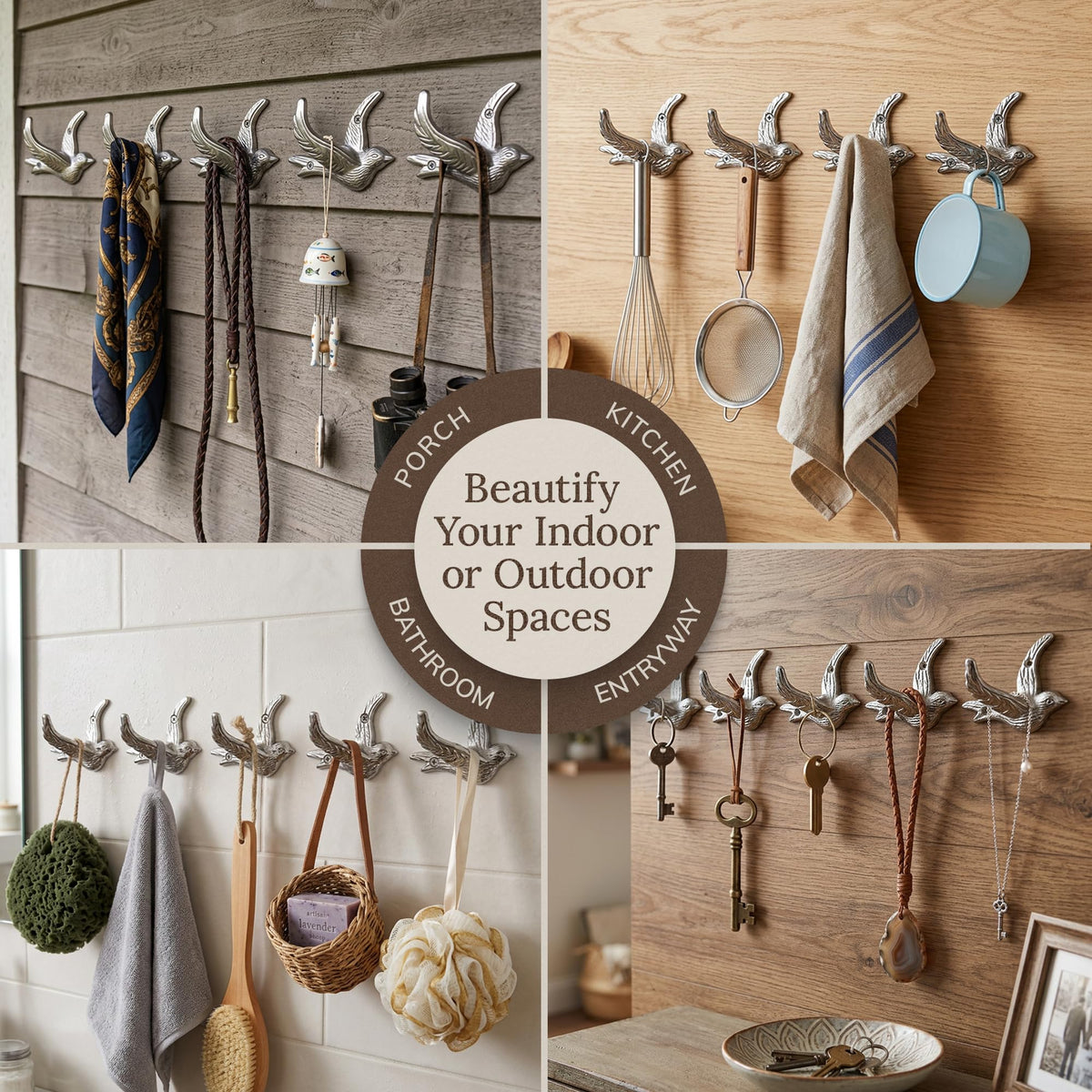 Flying Bird Decorative Wall Hooks (5 Pack) Cast Iron, Silver Coat Hooks, Wall Mounted - Farmhouse Decor, Hooks for Coats, Bags, Hats, Towels, Easy to Install (Antique Silver Hooks)