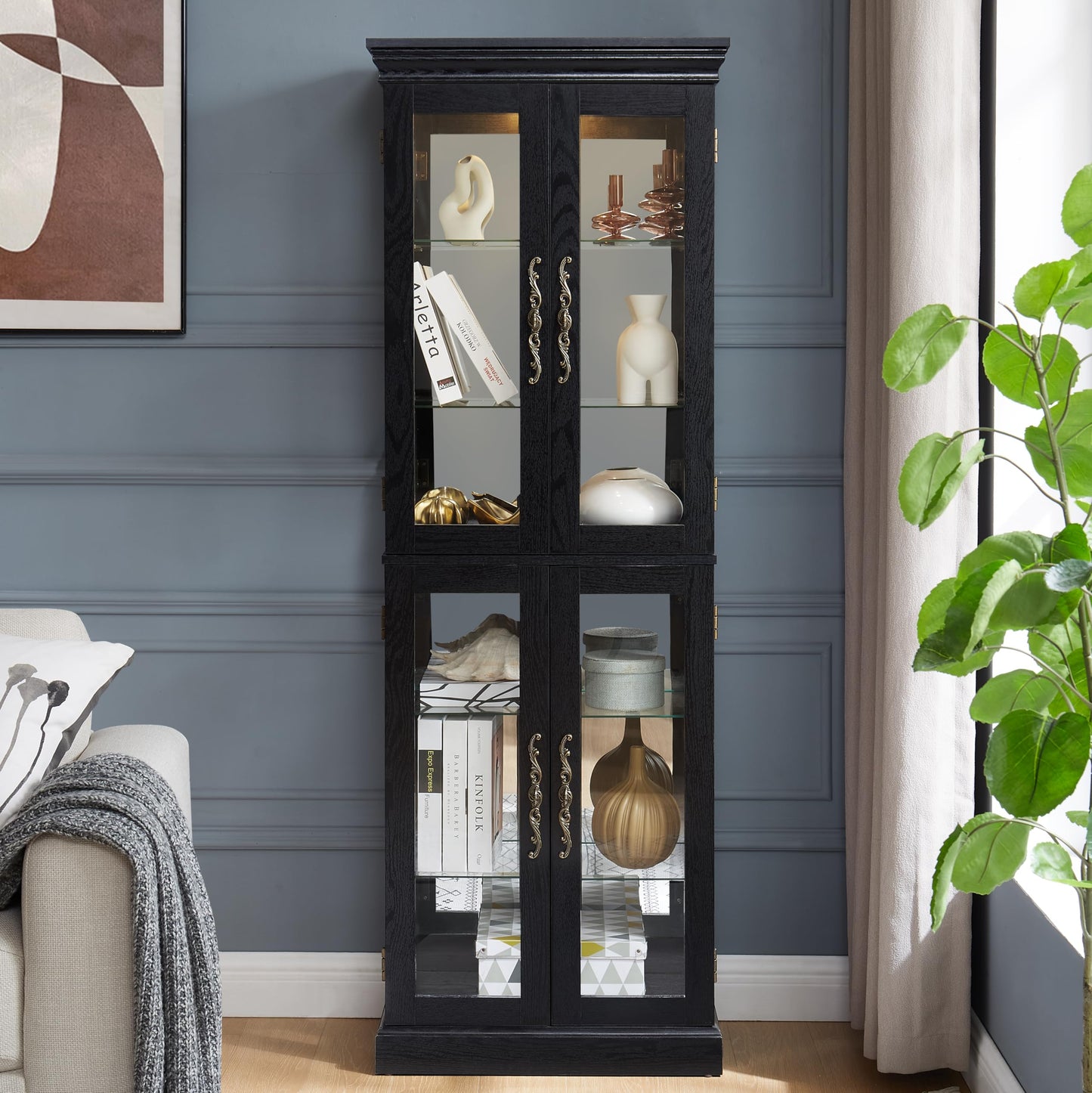 Elountik Lighted Curio Display Cabinet, Glass Storage with Wood Frame, Built-in Lighting for Living Room, Kitchen, Pantry, Ideal for Wine, Toys, Collectibles - Black
