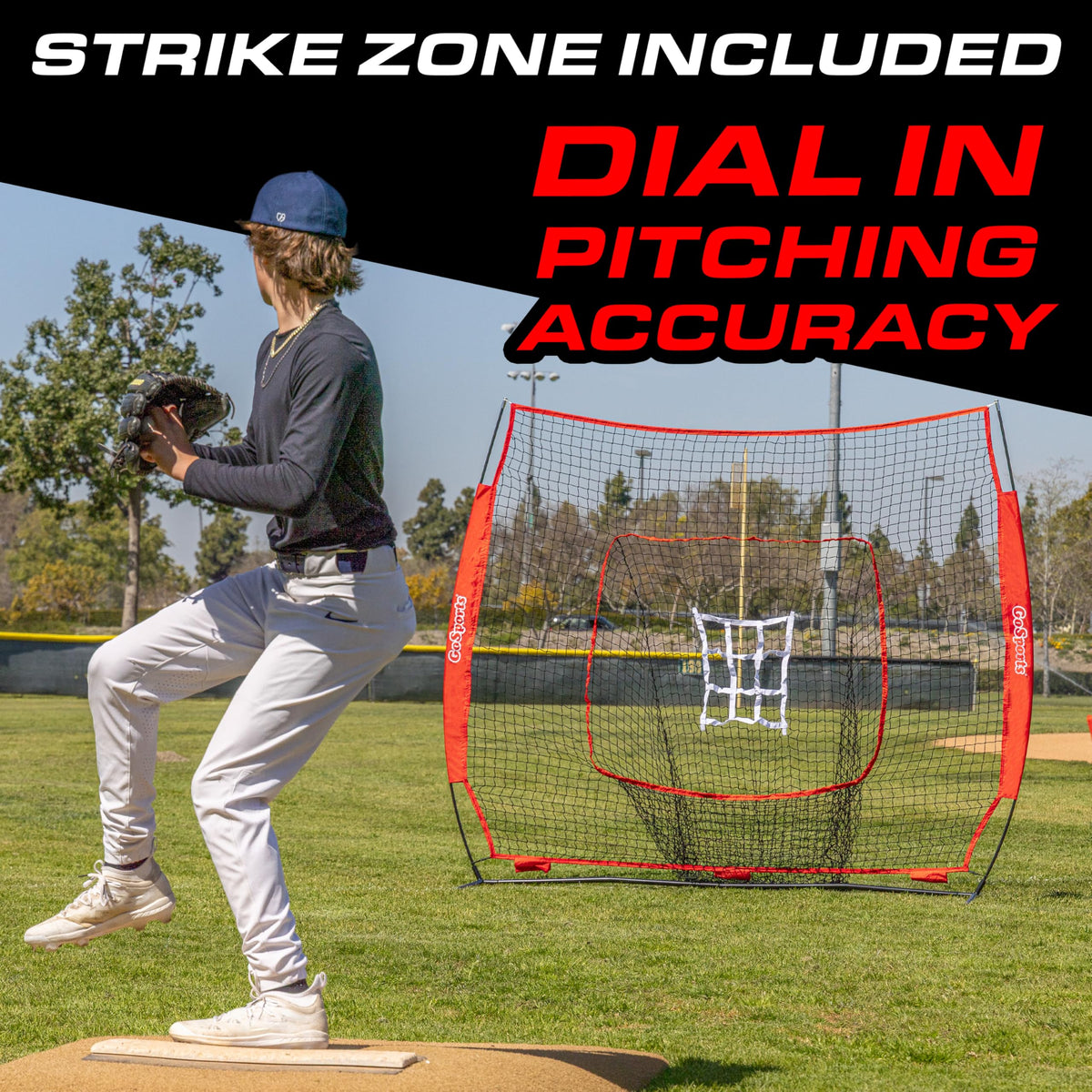 GoSports 7 ft x 7 ft Baseball & Softball Practice Hitting & Pitching Net with Bow Type Frame, Carry Bag and Strike Zone, Great for All Skill Levels