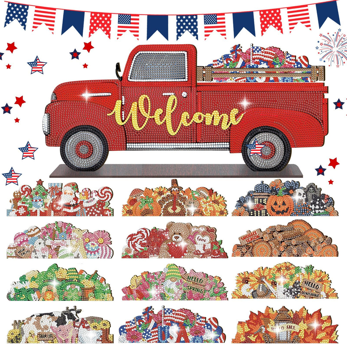 Burbell 13 Pcs Interchangeable Diamond Painting Art Welcome Signs Truck Stand Table Decor DIY Holiday Seasonal Tiered Tray Decoration Diamond Art Ornament Kits with 12 Holiday Icons for Home Wall