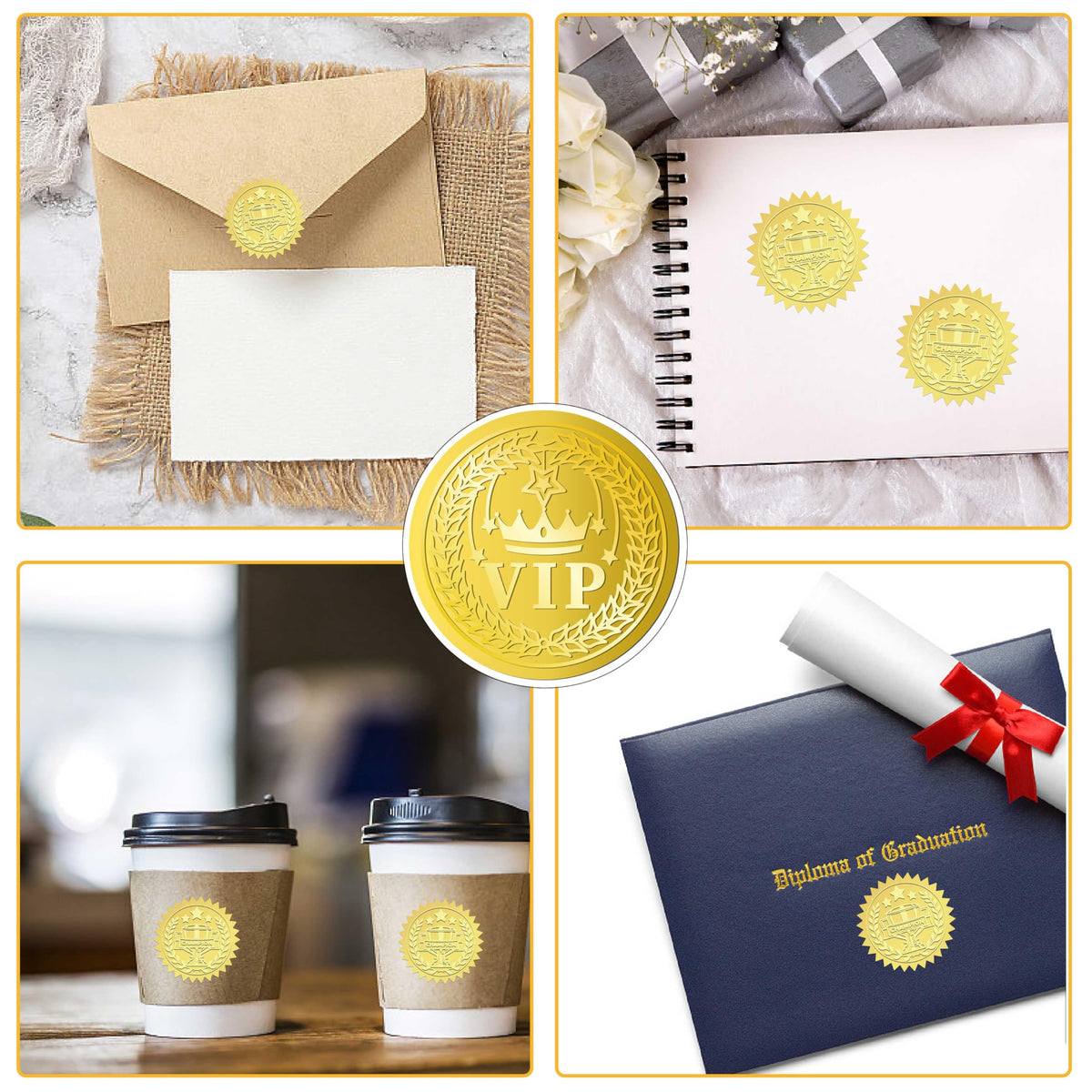 CRASPIRE 144Pcs VIP Crown Gold Foil Embossed Stickers 2" Self Adhesive Certificates Envelopes Seals Sticker Labels for Wedding Invitation Graduation Corporate Diplomas Gift Wrapping