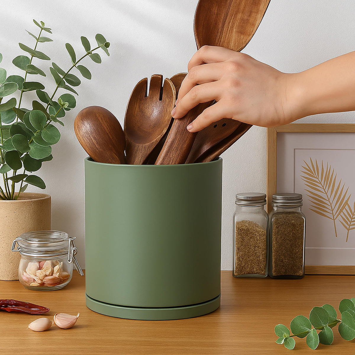 D'vine Dev 360° Rotating Utensil Holder – 7.2" Kitchen Utensil Crock for Countertop, Modern Cooking Tool Organizer for Kitchen Storage & Décor, Set of 2, Olive, 72-Y-C-2