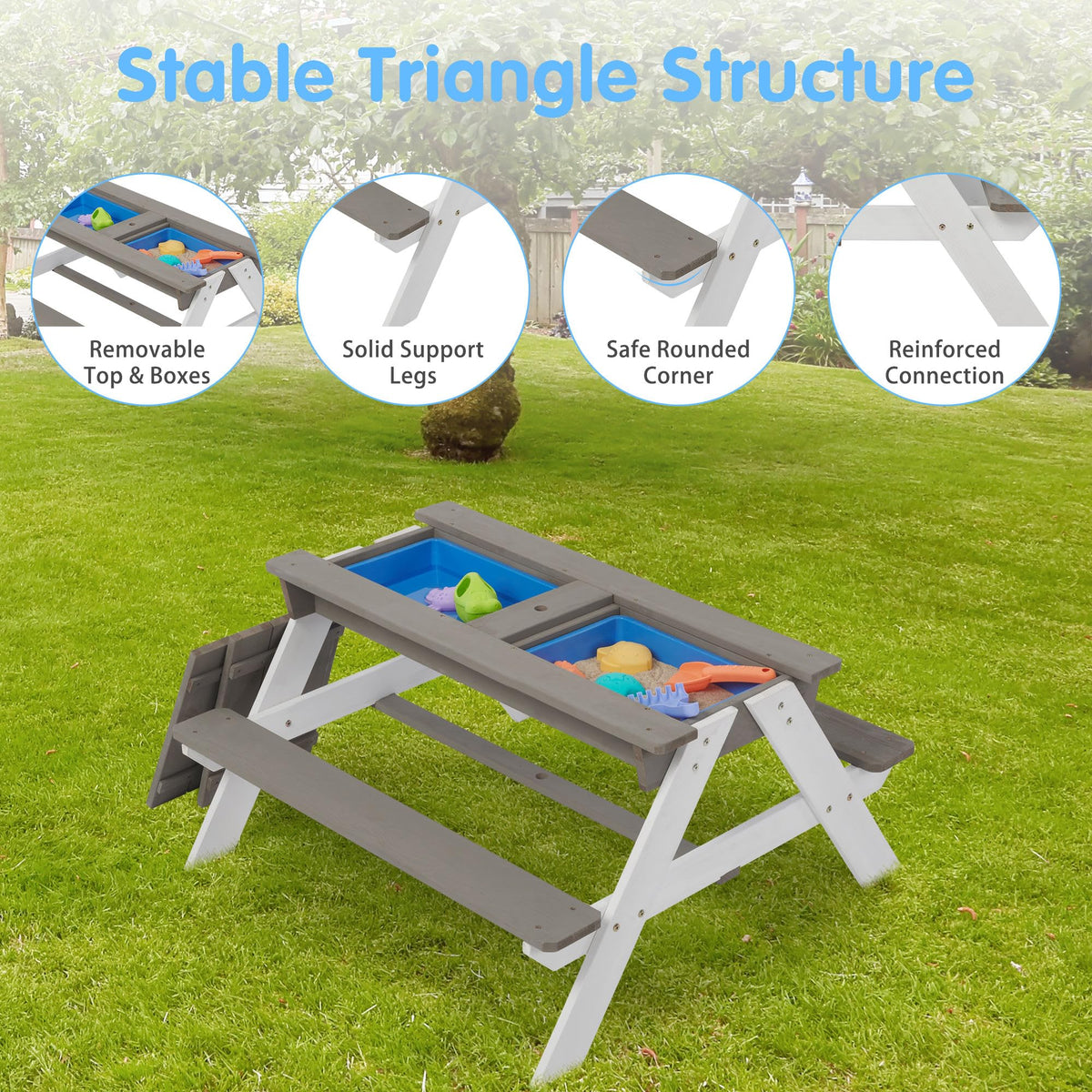 WEALTHGIRL 3-in-1 Kids Outdoor Wooden Picnic Table with Adjustable 43" Umbrella, Convertible Sand & Water Activity Center, Solid Cedar Wood Construction, Spacious Seating for Four