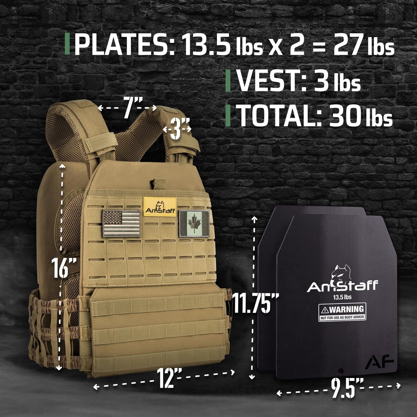 AmStaff Fitness Tactical Weighted Vest - Adjustable Weight Vests for Men & Women - Versatile Wearable Weighted Vest for Fitness Workouts, Strength and Endurance Training, Running, WO - (30lb)