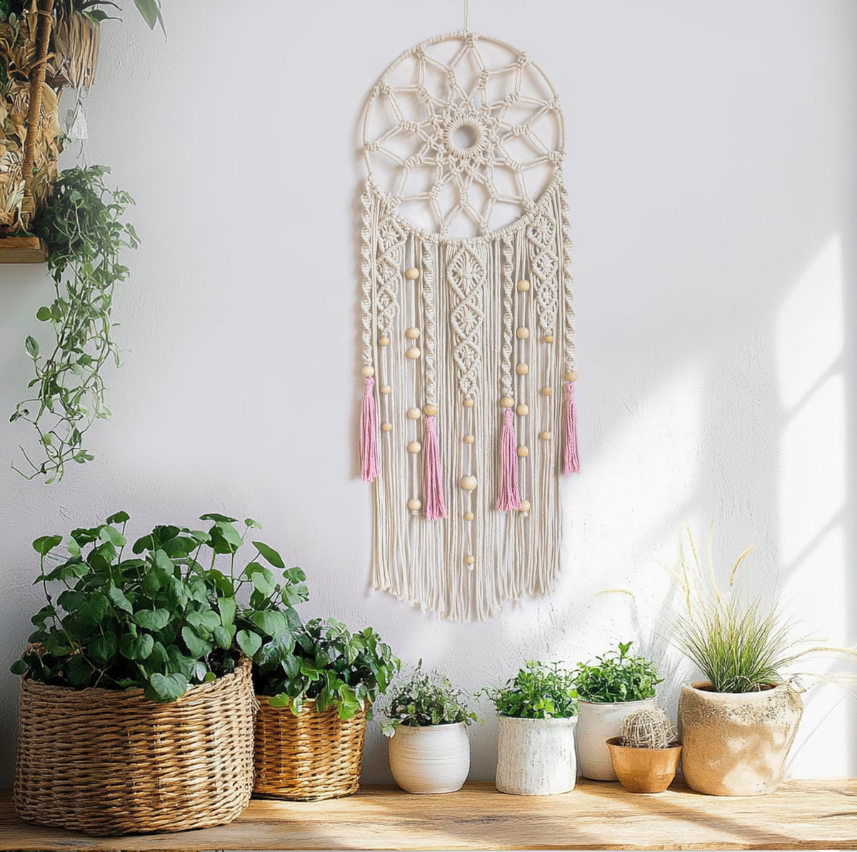 LB Boho Pink Macrame Wall Hanging Flower Dream Catcher Handmade Woven Cotton Tapestry with Wood beads Modern Aesthetic Wall Art Decor for Home, Bedroom, Living Room