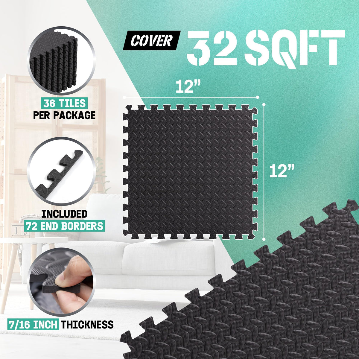 Yes4All Interlocking Exercise Foam Mats with Border – Interlocking Floor Mats for Gym Equipment – Eva Interlocking Floor Tiles - 36 Square Feet (36 Tiles) - Black
