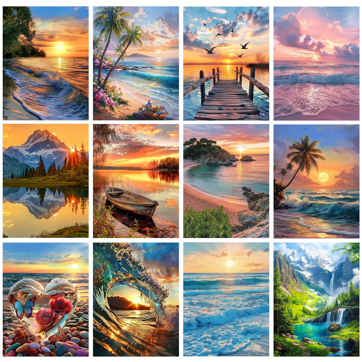 CreateJoy 12 Pack 5D Diamond Art Kits for Adults - Beach Diamond Art DIY Paint with Round Full Drill Diamond dots for Beginners, Gem Paintings for 12X16 Inch Home Wall Decor