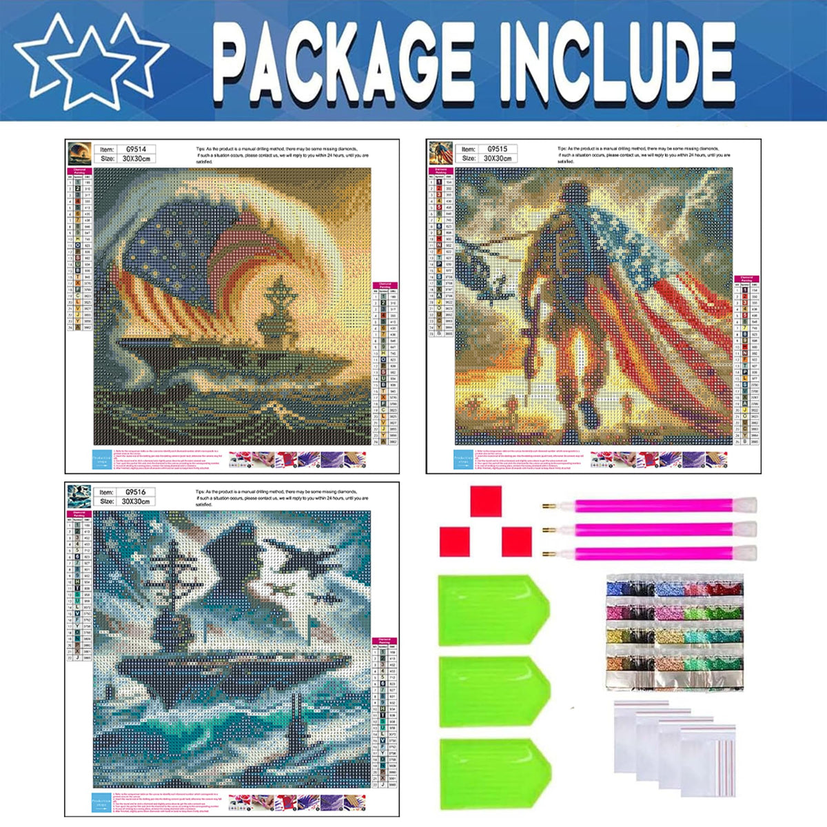 ajepon 3 Pack Independence Day Diamond Art Kits for Adults - Independence 5D Diamond Painting, Gem Art for Adults, Gem Painting Kits for Wall Home Decor Arts Craft 12x12inch