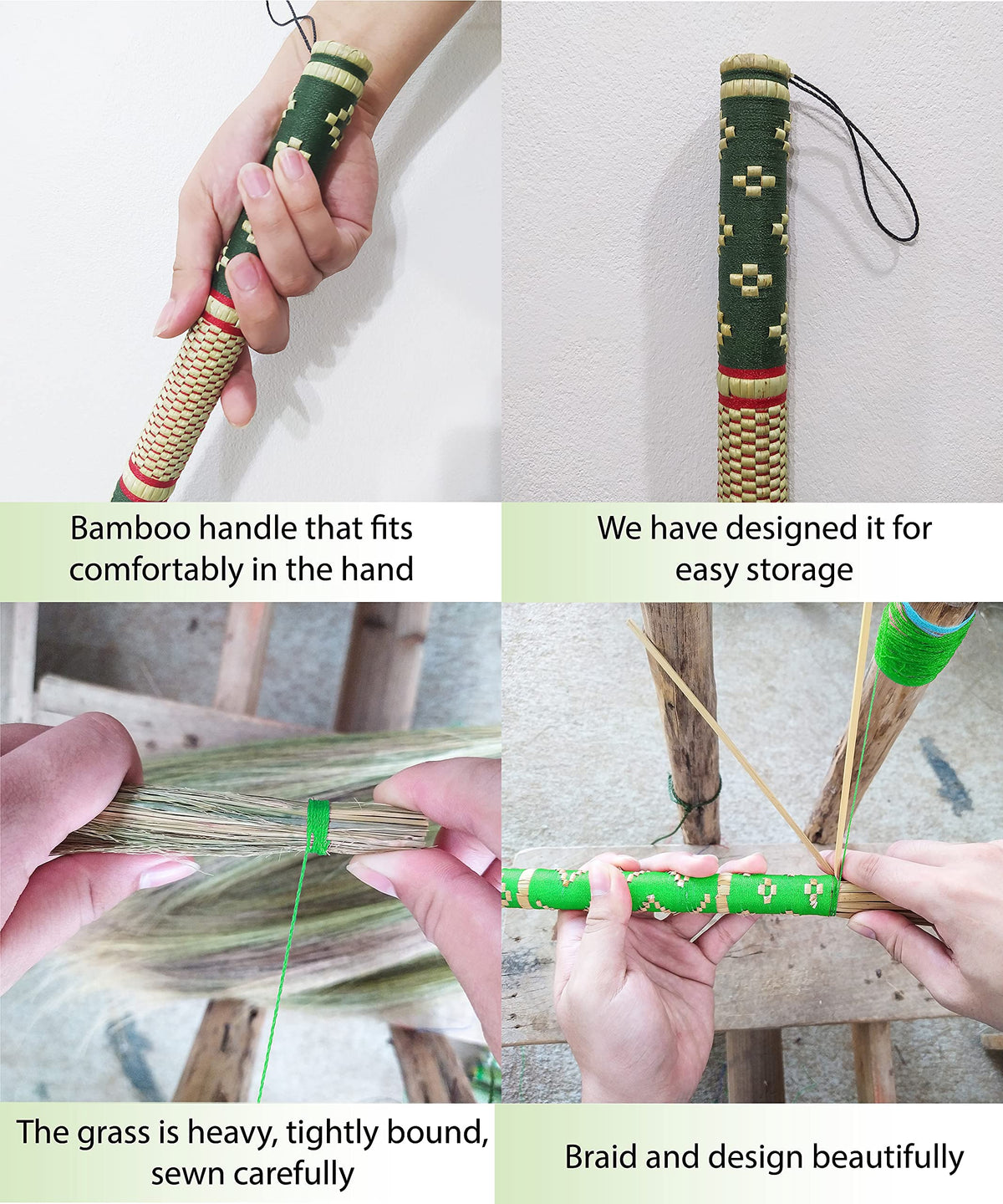 Thai Vintage Retro Grass Broom Stick, Asian Straw for Wedding Jumping, Witch, House, Long With Solid Wood Handle - Primitive Sweeping Dirt Dust Garbage