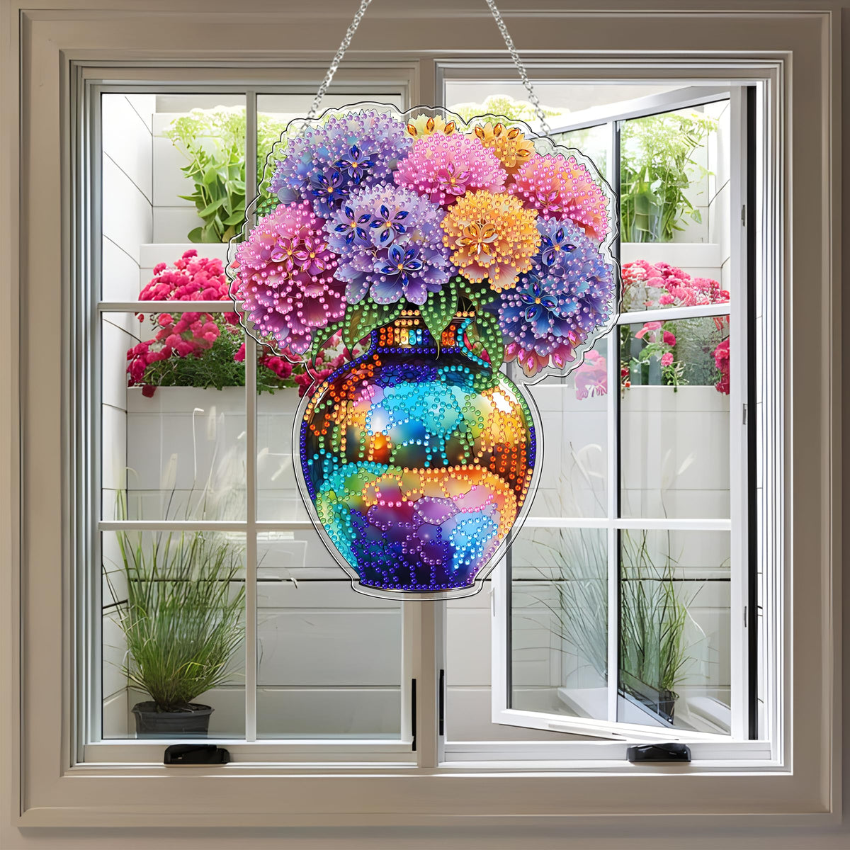 JJFox Diamond Art Hanging Kit for Adult,Special Shaped Rhinestone,DIY Acrylic Diamond Art Painting Window Pendants Home Garden Wall Hanging Kits Hanging Ornament,Double Sided (Vase)