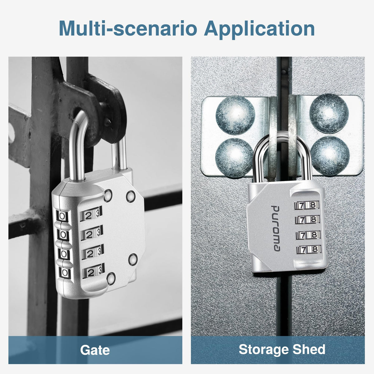 Puroma 2 Pack Combination Lock for Locker 4 Digit Outdoor Waterproof Padlock for School, Gym, Sports, Fence, Toolbox, Gate, Case, Outdoor, Hasp Storage (Silver & Black)