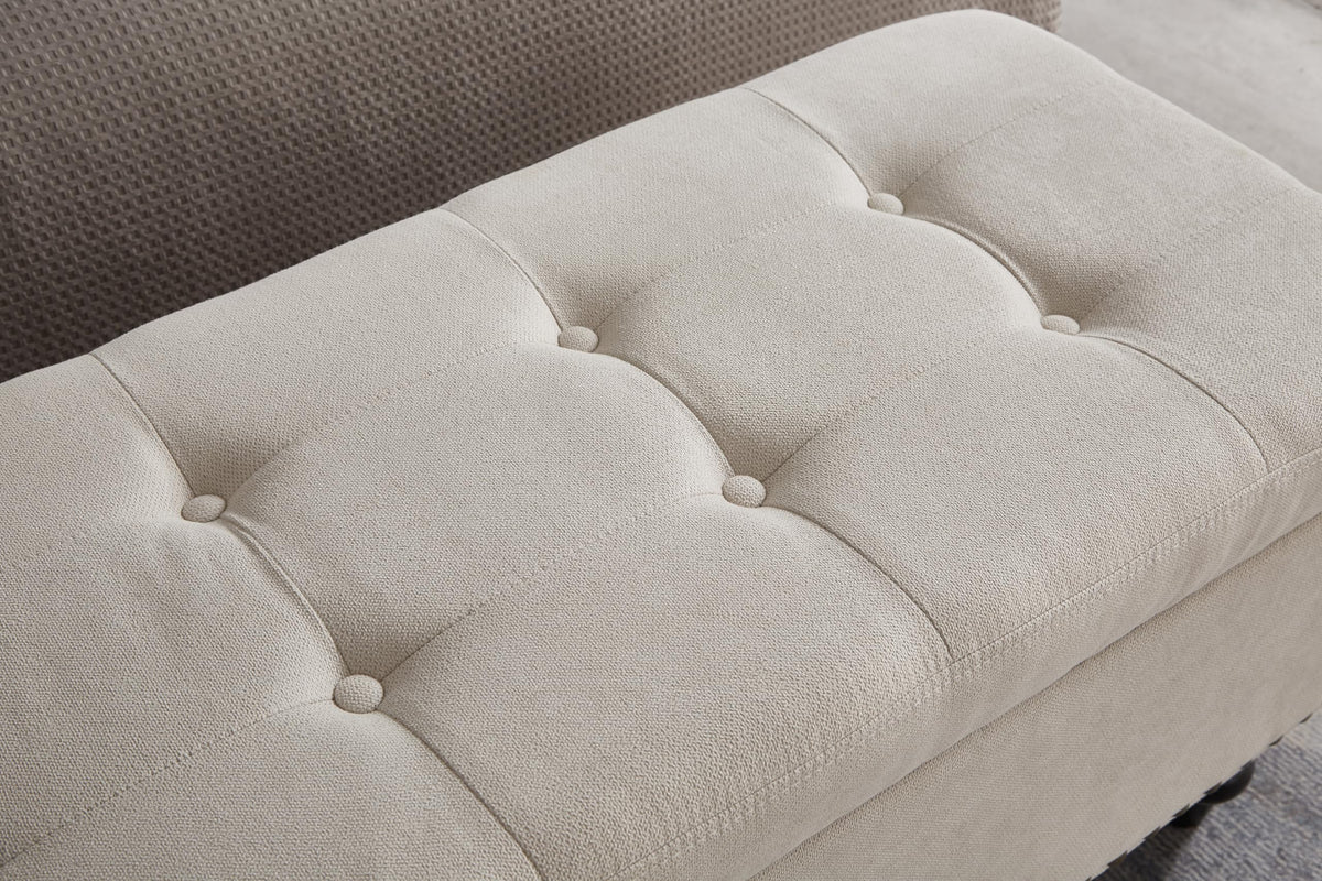 GDFStudio 59" Mid-Century Modern Rectangle Storage Ottoman Bench, Button Tufted Lift-Top Linen Ottoman Foot Rest with Solid Legs and Nailhead Trim, Upholstered Oversized Pouf for Living Room, Beige