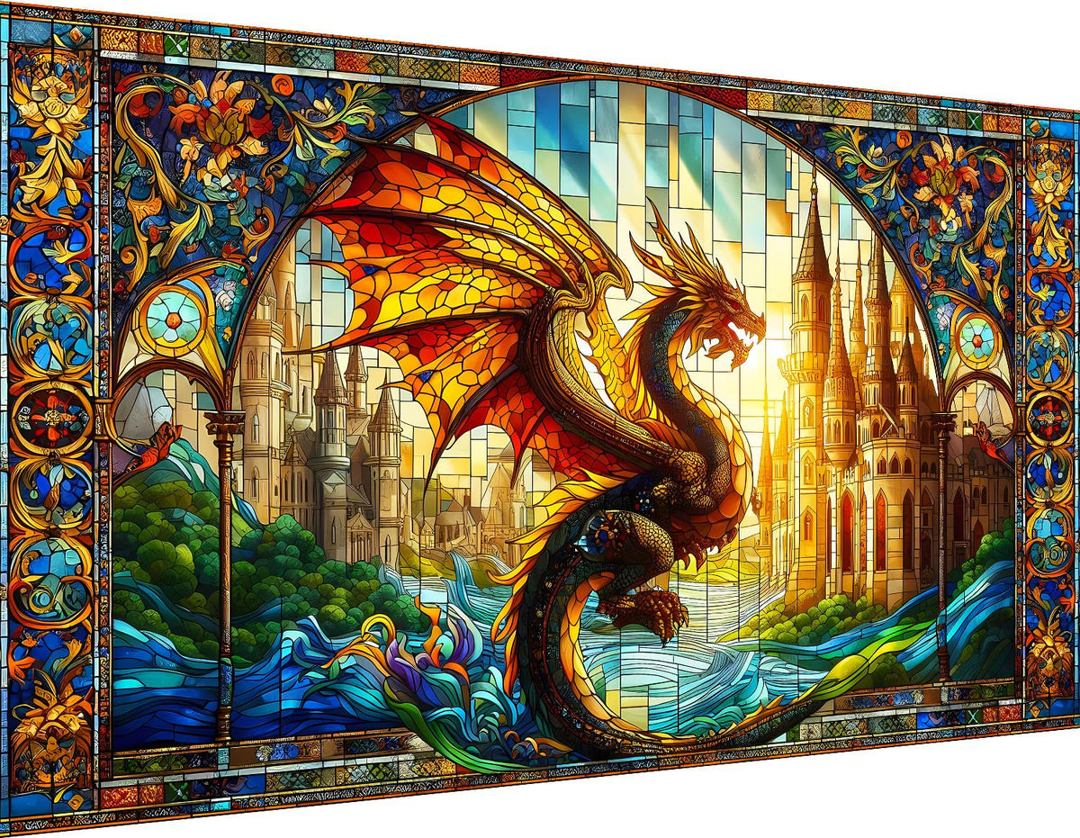 igoodom Large Diamond Painting, Stained Glass Dragon Diamond Art Kits for Adults, Full Drill Round Big Diamond Painting, DIY Gem Art and Crafts for Home Wall Decor Gift 27.5 X 15.7inch