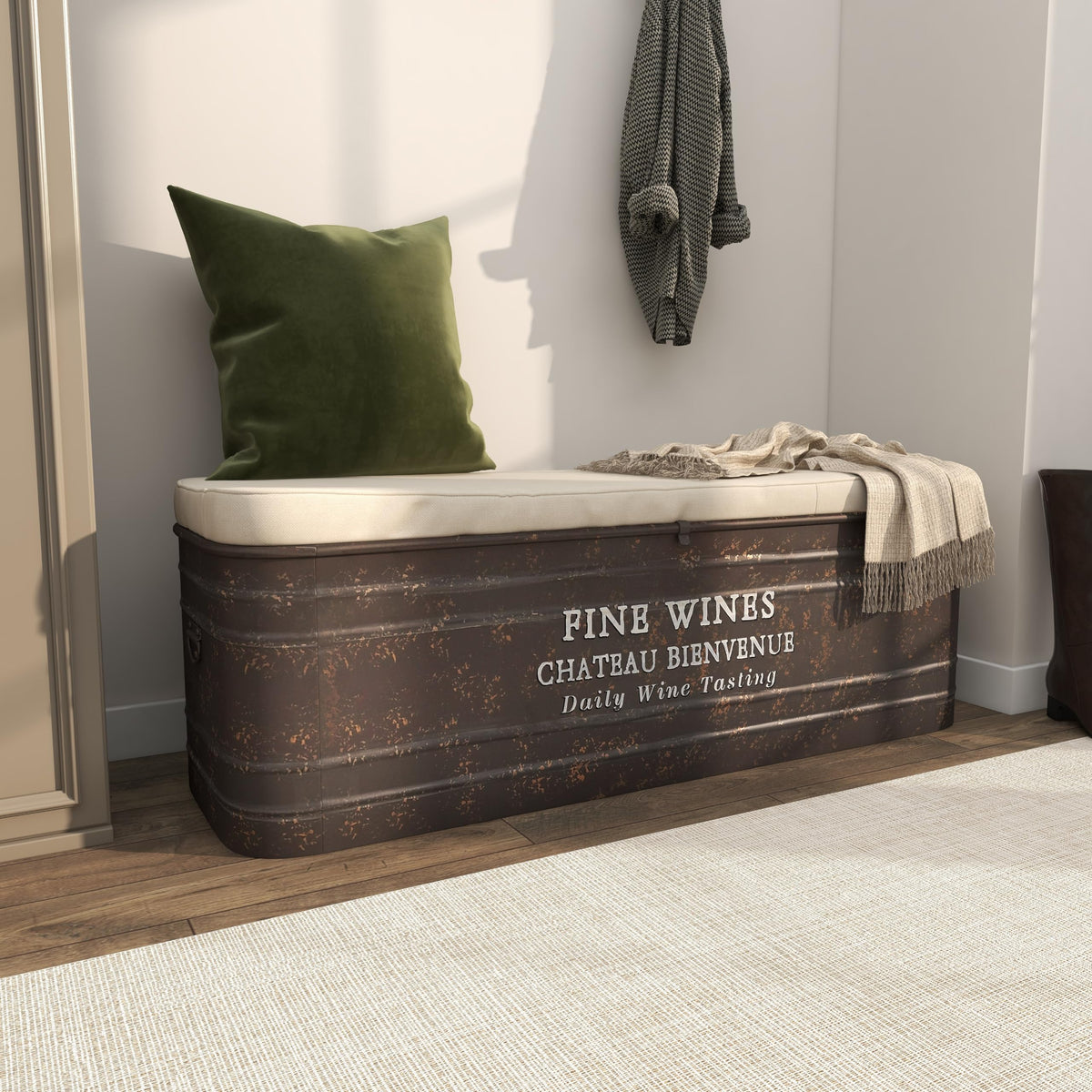 Deco 79 Metal Room Storage Bench Entryway Bench with Cream Burlap Top and Champagne Typography, Bench 48" x 16" x 17", Brown