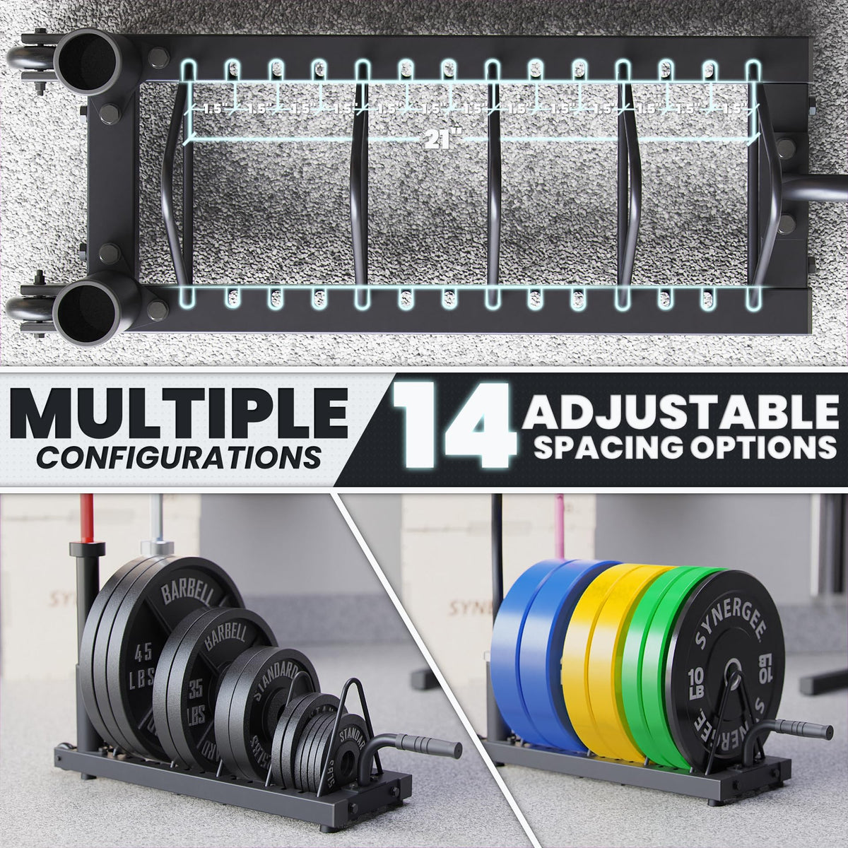 Synergee Horizontal Plate Storage Rack with Barbell Holders – Interchangeable Dividers, 350 lb Capacity, Fits Bumper & Cast Iron Plates, Wheels for Easy Mobility