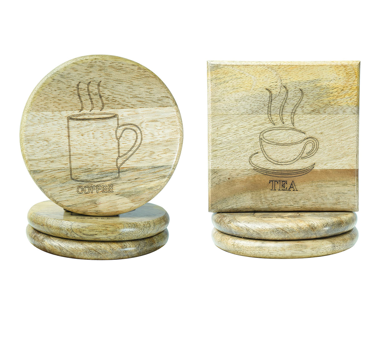 Wooden Coaster for Coffee Cups Glass & Can Table Decor | Wooden Coaster Set of 6 | 3 Round Coffee & 3 Square Tea Style Coaster Set | Handmade Design for Mug & Cup