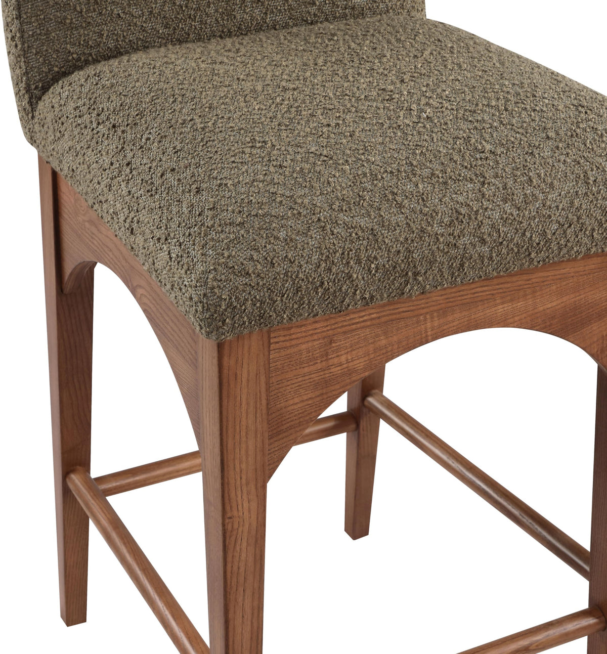 Meridian Furniture 399Olive-C Waldorf Collection Art Deco Stool with Rich Olive Green Boucle Fabric, Solid Ash Wood, Walnut Brown Finish, Counter Height Stool, 18" W x 20" D x 37" H, Olive
