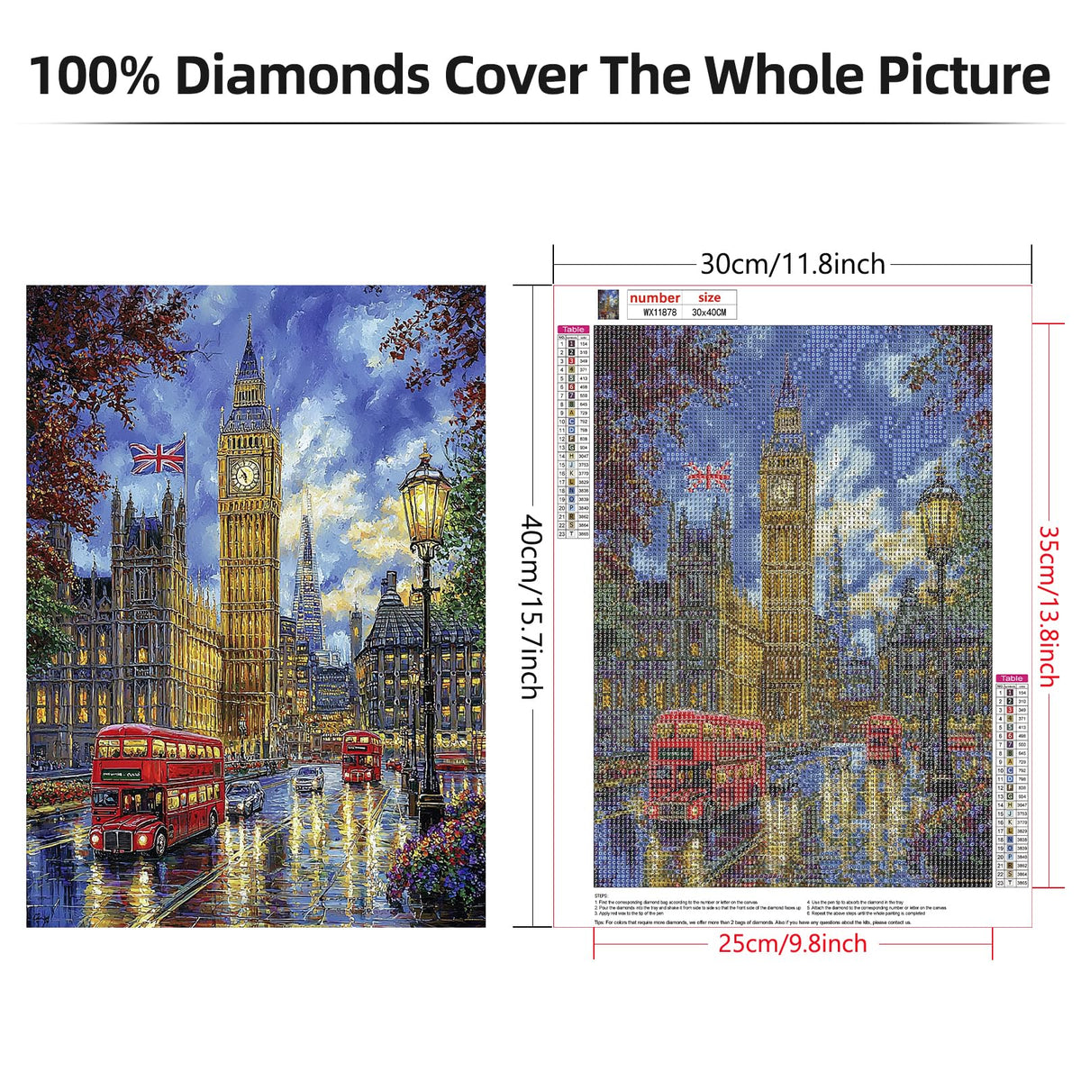 Lxmsja London Street Diamond Art Kits for Adults, Big Ben Diamond Painting Kits for Beginners, 5D DIY Full Drill Gem Art Crafts for Adults, Home Wall Decor 12x16 inch
