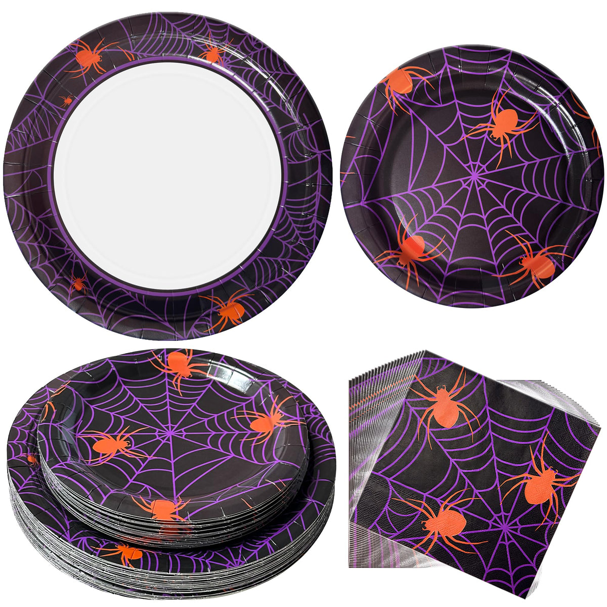 Watch Me Fly 75pcs Spider Party Supplies - Disposable Spider Web Paper Plates & Napkins (25pcs 9" & 7" Plates, 25pcs Napkins) for Birthdays, Halloween, Birthday, and Parties Decoration