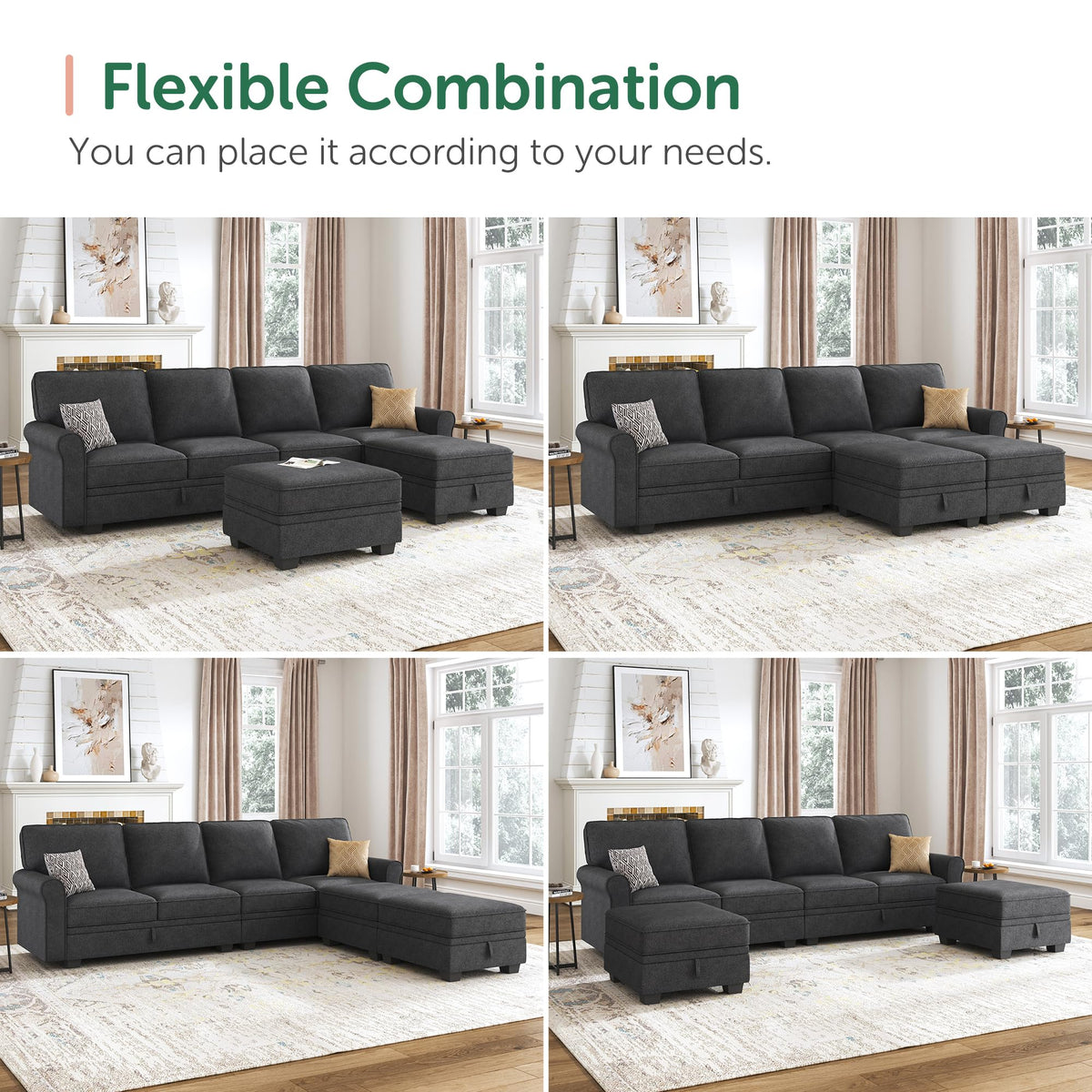HONBAY Sectional Sofa with Storage Seat U Shaped Sectional Couch with Reversible Chaise Convertible Sectional Couches for Living Room,Dark Grey