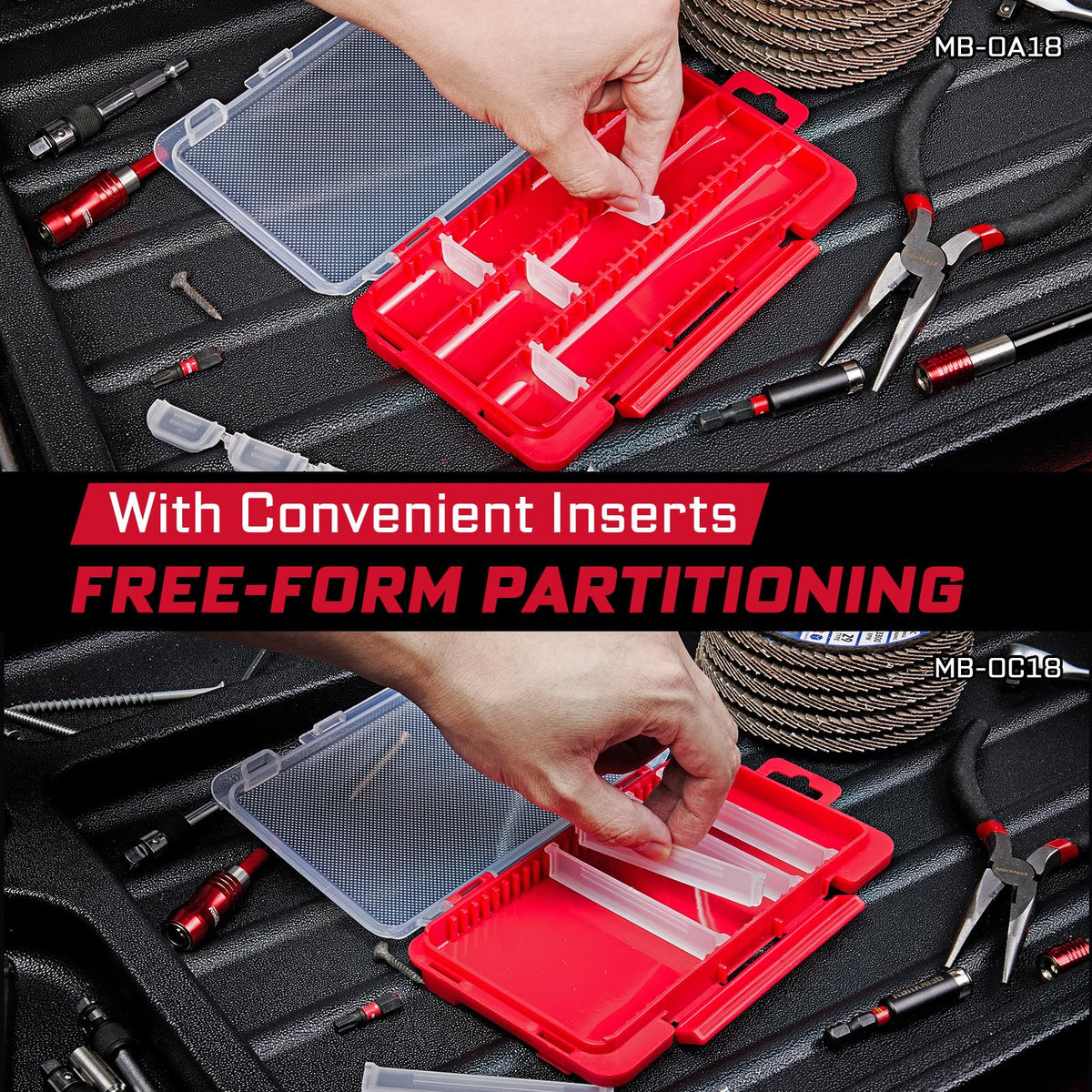 Geinxurn Small Flat Storage Parts Organizer, 4Pcs Red Portable Transparent Plastic Small Parts Tools Box with Removable Dividers, Screwdriver Bit Cases Storage(4 Pieces)