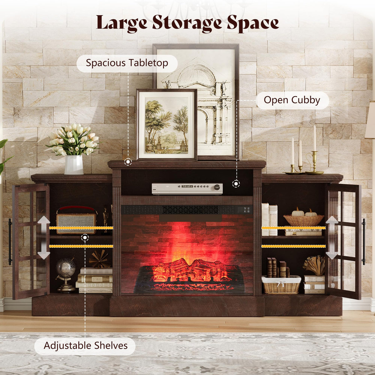 AMERLIFE 70" Farmhouse Fireplace TV Stand for TVs up to 80", Media Console with Storage Cabinets & Adjustable Shelves, Entertainment Center with 28" Electric Fireplace for Living Room, Rustic Brown
