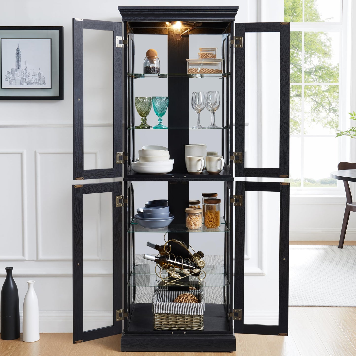 Elountik Lighted Curio Display Cabinet, Glass Storage with Wood Frame, Built-in Lighting for Living Room, Kitchen, Pantry, Ideal for Wine, Toys, Collectibles - Black
