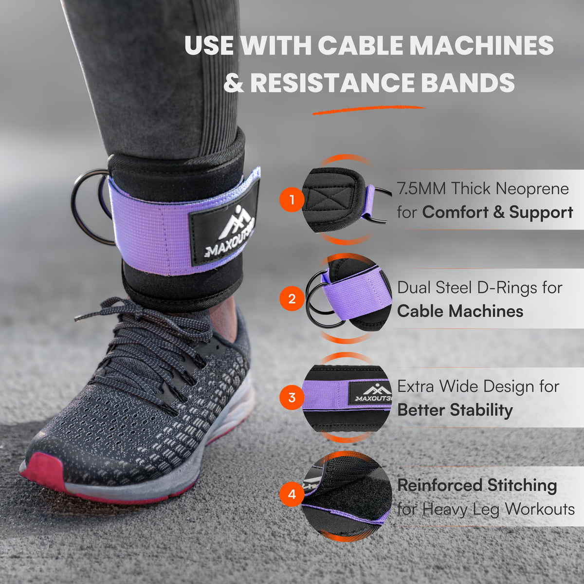 MaxOut360 Gym Ankle Straps for Cable Machines, Thick Padded Ankle Cuff Cable Attachment for Booty Workouts, Kickbacks, Hip Abductors, Lower Body Exercises, Purple Pair