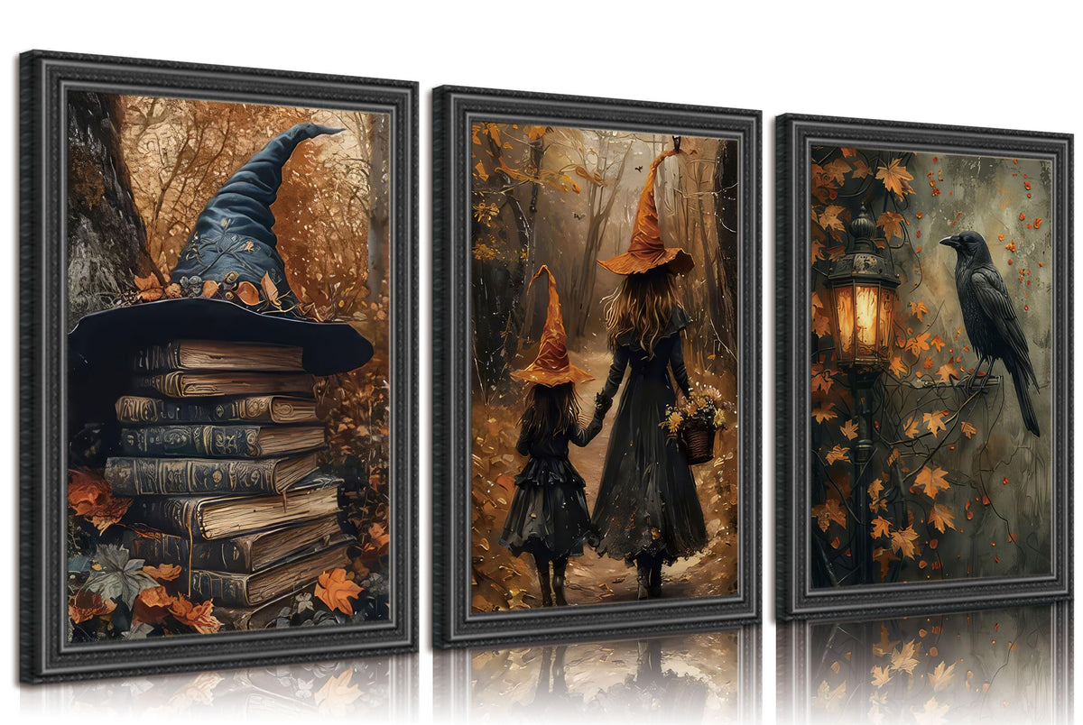 3pcs Halloween Canvas Wall Art Autumn Gothic Witch Books Crow Posters Prints Dark Academia Witch Wall Decor Pictures for Halloween Party House Decoration Unframed