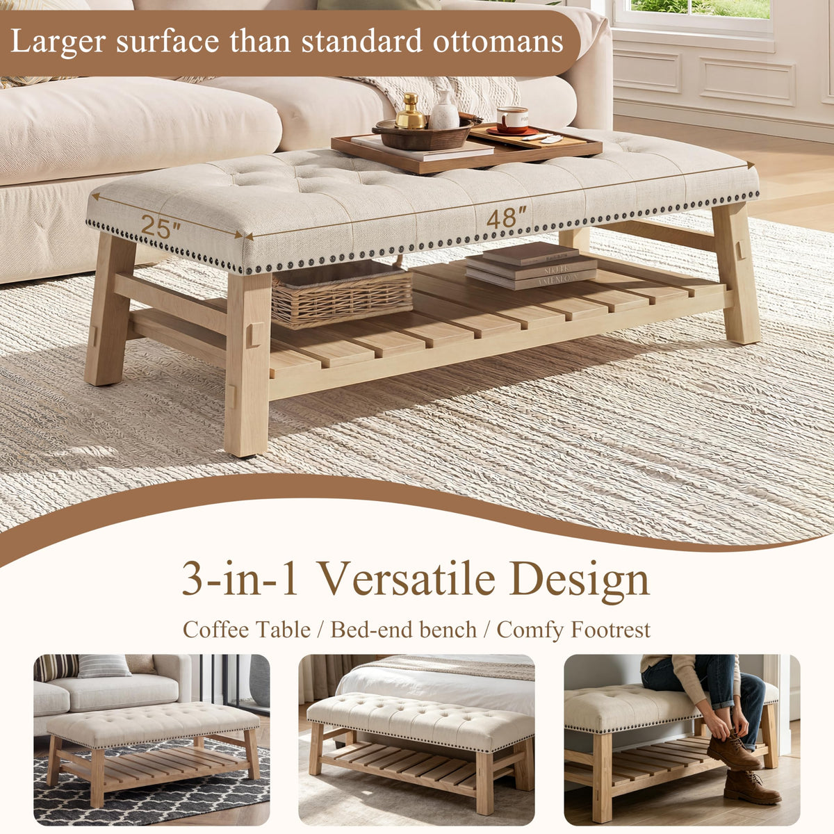 Merax 48" Large Rectangle Linen Blend Ottoman Coffee Table, Button Tufted with Slatted Storage Shelf, Upholstered Footstool Bench with Nailhead Trim & Solid Wood Legs, Seats for Living Room, Beige