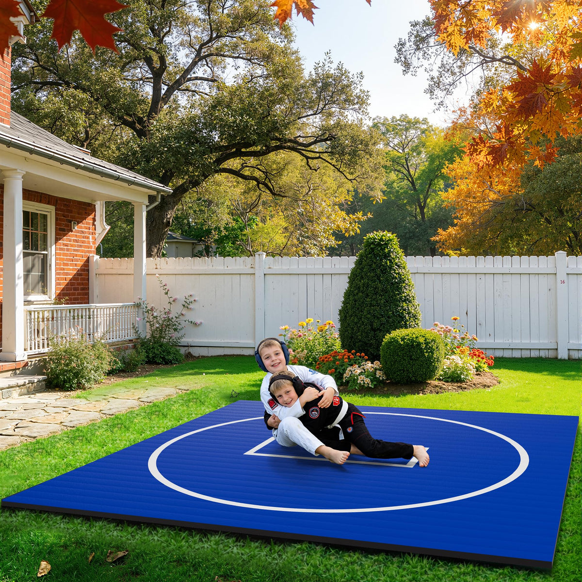 GianToucan Wrestling Mat for Home, ８’x ８’x 1.25” Grappling Mat for Wrestling, MMA, BJJ, Jiu Jitsu, Judo, Gym, Roll-Up Wrestling Practice Mat for Kids & Adults，Easy to Clean Indoor/Outdoor, Blue