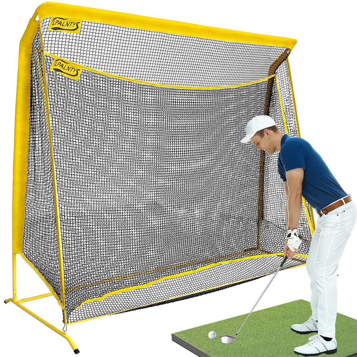 Golf Hitting Net with Extra Striking Net, 10x7ft Heavy Duty Golf Practice Net for Golfer Backyard Driving Swing, Golf Impact Net Cage Metal Frame with Storage Bag and Elevated Base, Indoor Outdoor Use