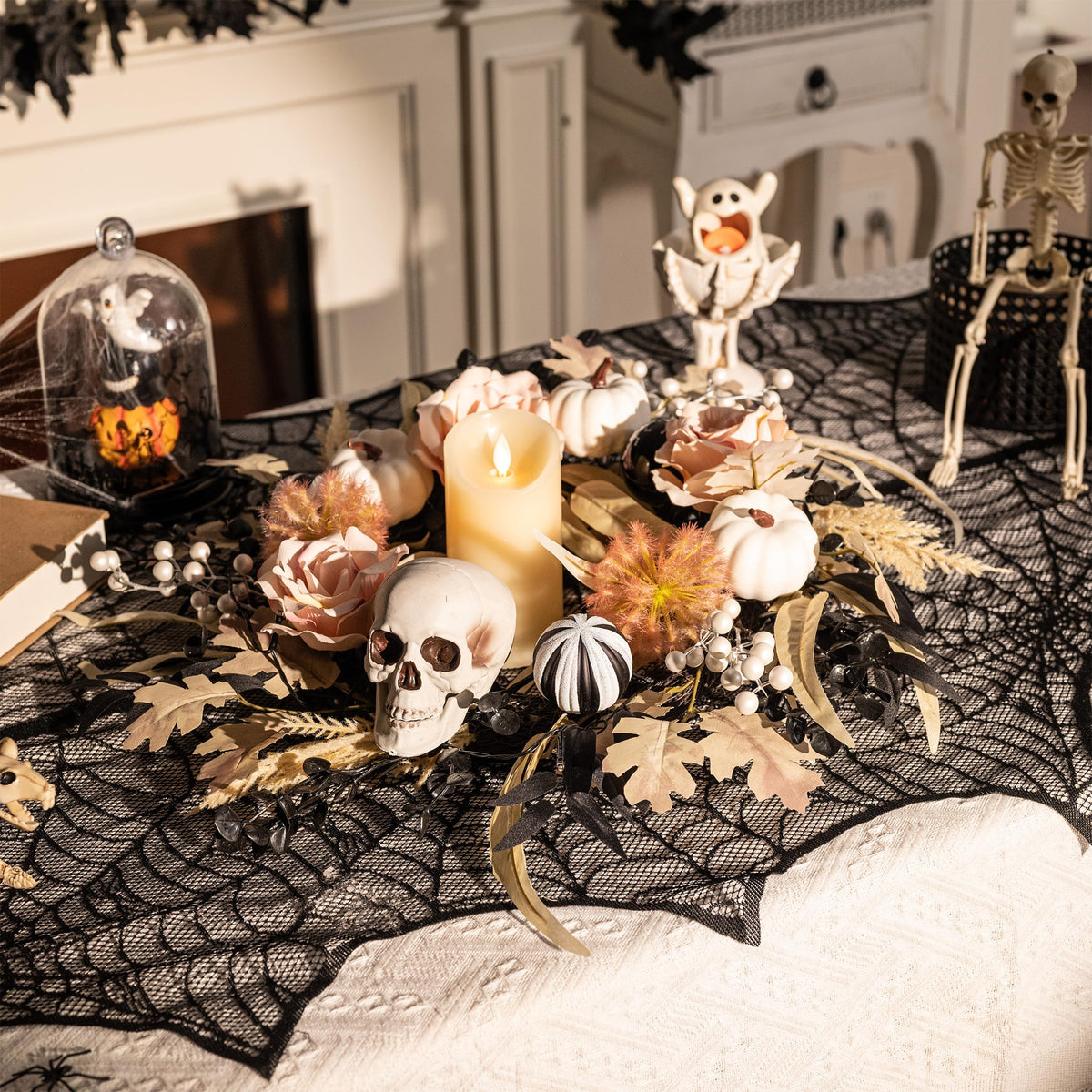 Valery Madelyn 18 Inch Halloween Wreath for Front Door with Lights, Pre-Lit Fall White Pumpkin Skull Wreath Pink Roses Halloween Decorations for Home Porch Table Centerpiece Party Holiday Autumn Decor