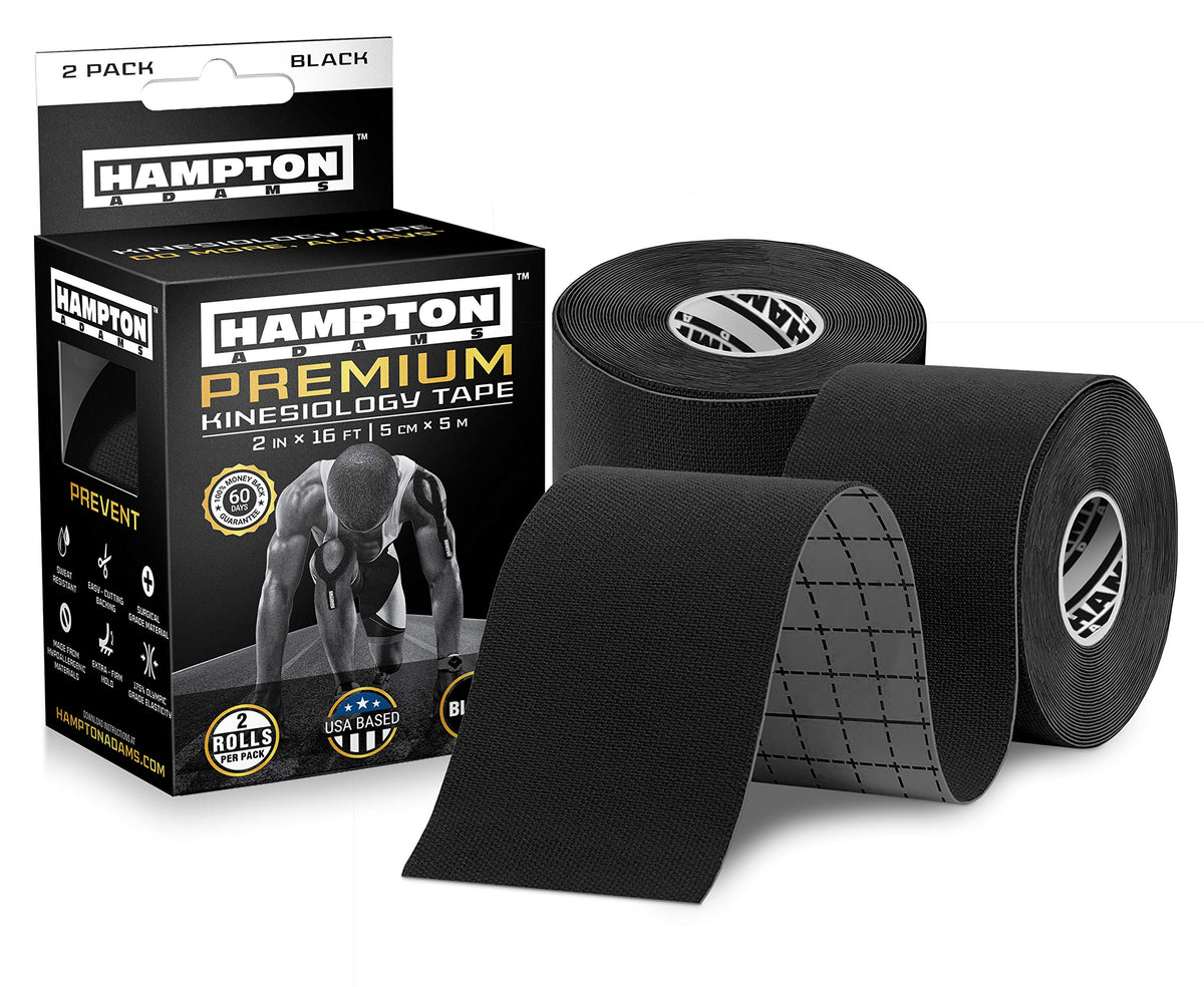 Hampton Adams | As Seen on Shark Tank | Elastic Kinesiology Tape (2-Pack) | Uncut Athletic Tape Supports & Protects Muscles Knees Shoulders & Plantar Fasciitis | Waterproof Hypoallergenic (Black)