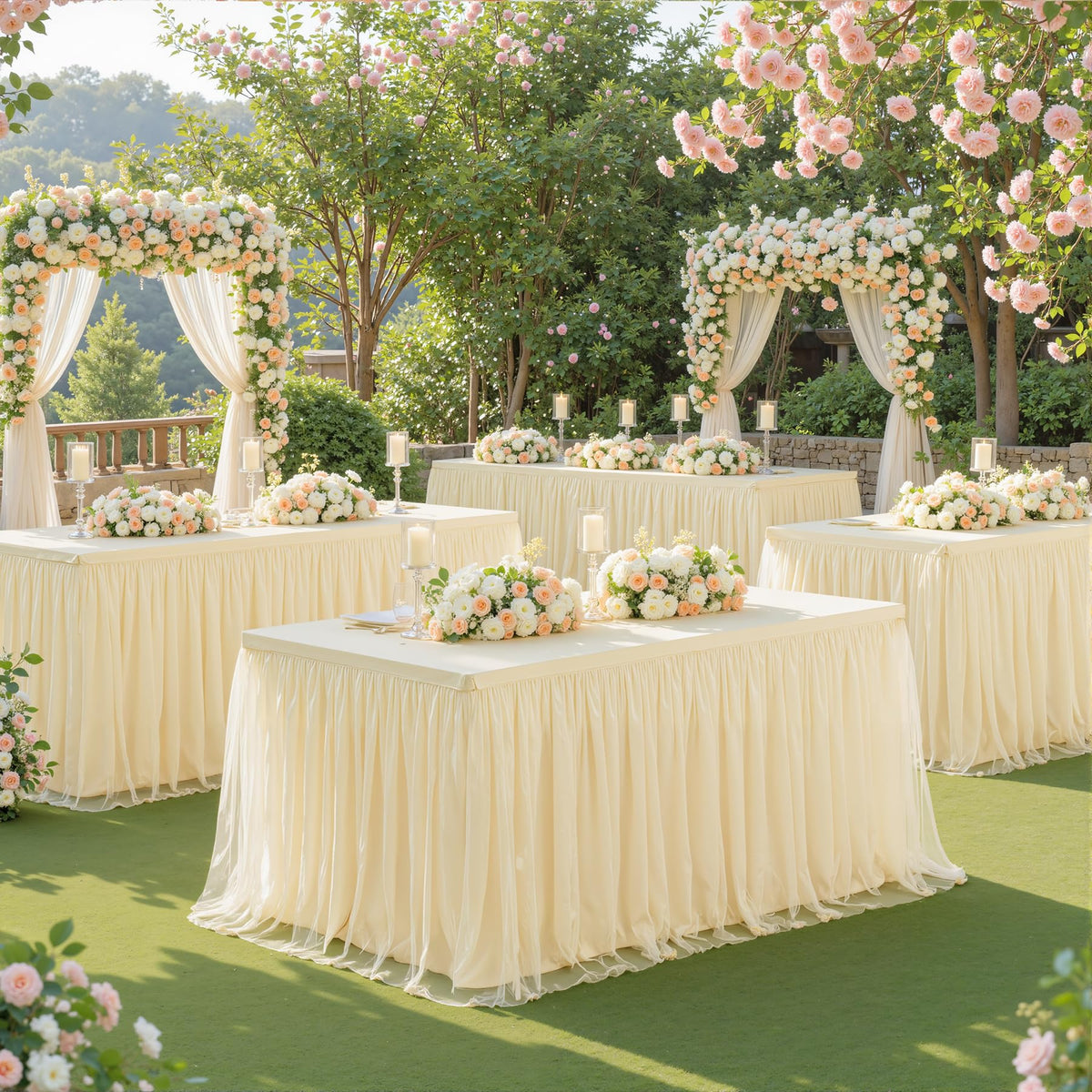 6ft Champagne Table Cloths Rectangle Tulle Tablecloth Fitted Champagne Tablecloths for 6 foot Rectangle Tables Spandex Table Covers for Parties Wedding Birthday Buffet Banquet Desk Tables Skirt