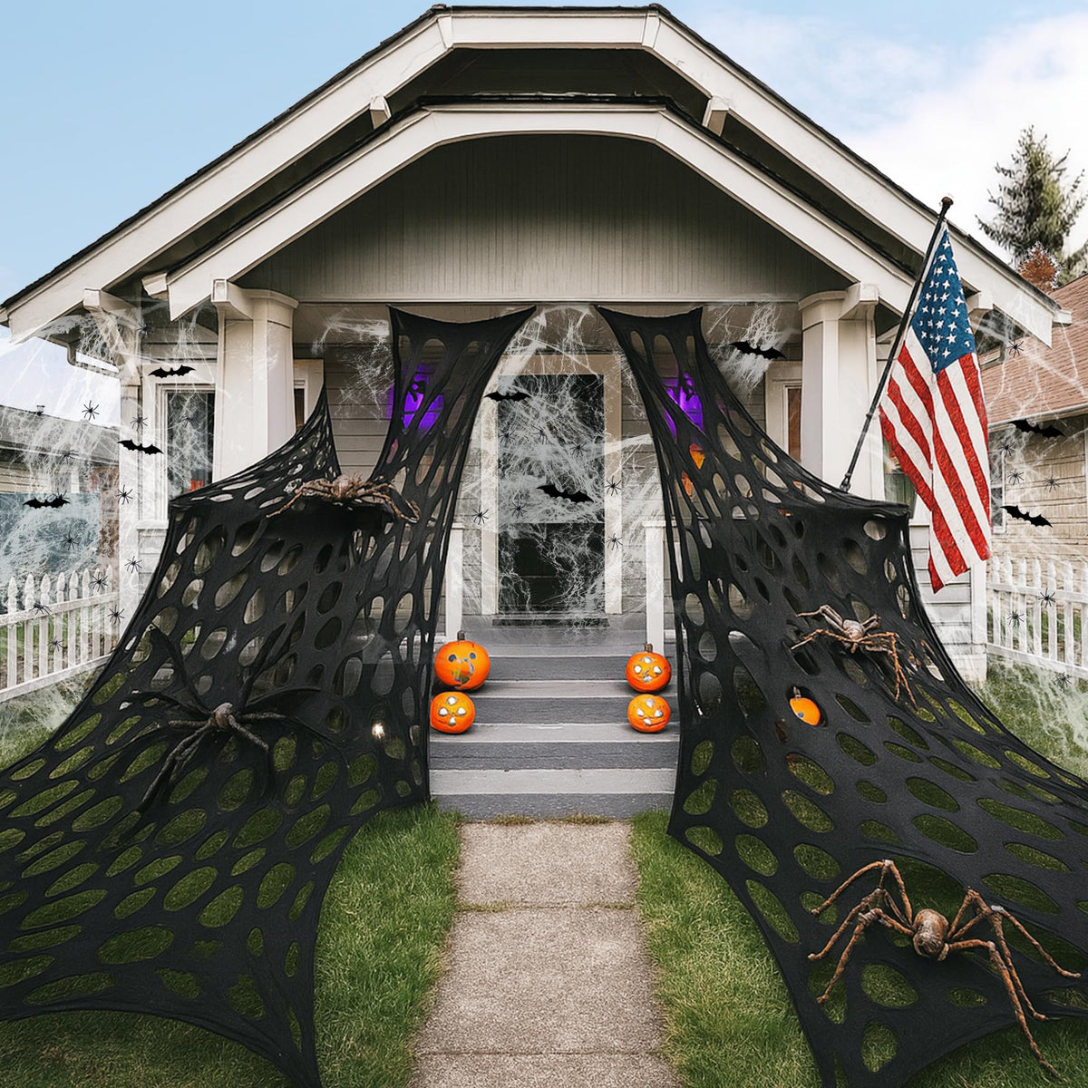 1360 Sqft Cuttable Stretchy Spider Web Halloween Decoration, Black Giant Outdoor Beef Netting Halloween Spider Webs, DIY Spooky Gauze Cobweb Fake Spiders Bats for Yard Garden Party Decor (472" x 39")