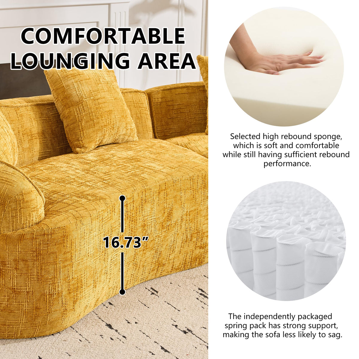 KEIKI 109.45" Curved Compressed Sofa, 4 Seat Couch with Round Armrest, Compression Seat for Living Room, Guest, Bedroom, No Assembly Required, Yellow