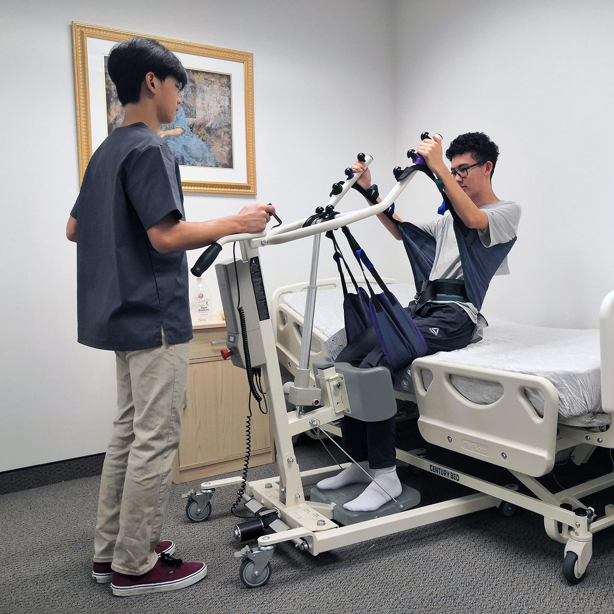 Tuffcare Stand Up Electric Patient Lift - Sit to Stand, Standing Lift, Rhino Lift with Manual Low Base - with Standing Sling (Medium) and Buttock Strap, 380 lb. Weight Capacity