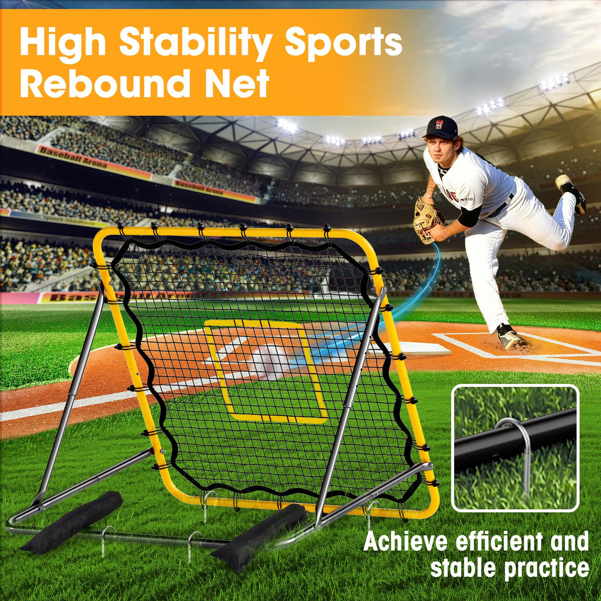 JIRTEMOT 3.7 x 3.7 FT Rebound Net, with Pitching Target for Soccer, Baseball and Volleyball, Adjustable Pitching Rebound Net, Yellow